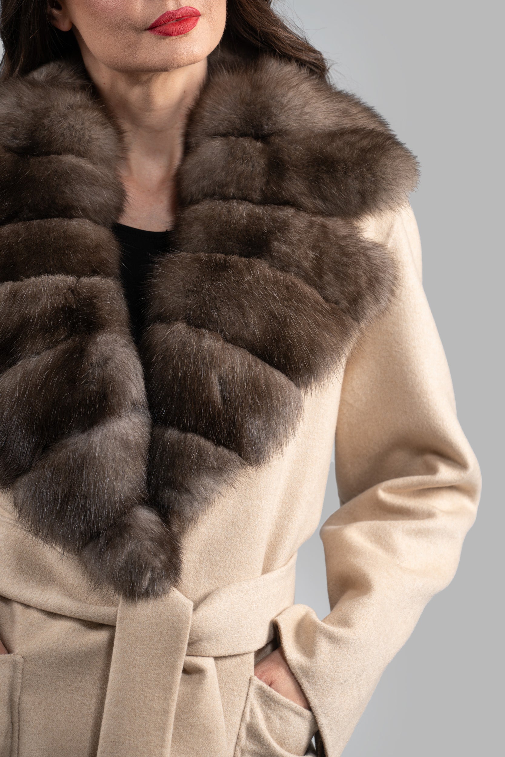 Ecru Cashmere Coat with Russian Sable Notch Collar 22CA235