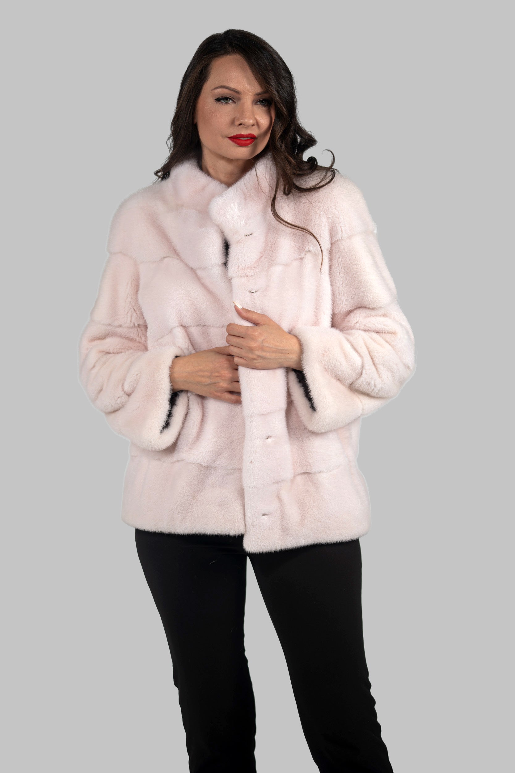 Powder Pink Mink Jacket with Stand Collar P/K13C528
