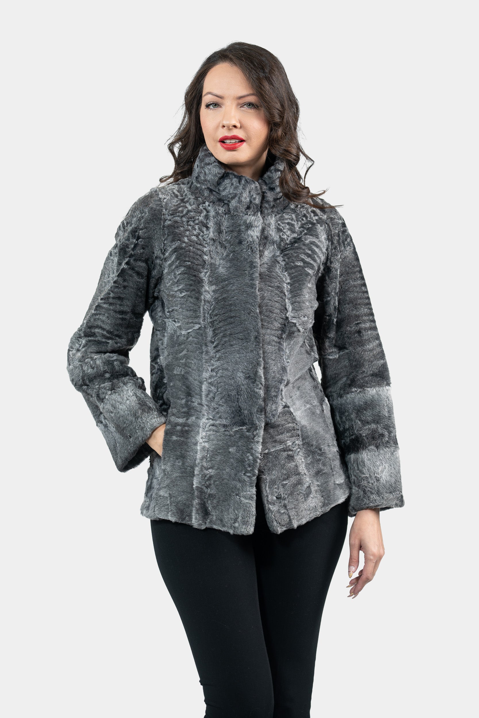 Gray Swakara Jacket with Stand Collar S/S13C528