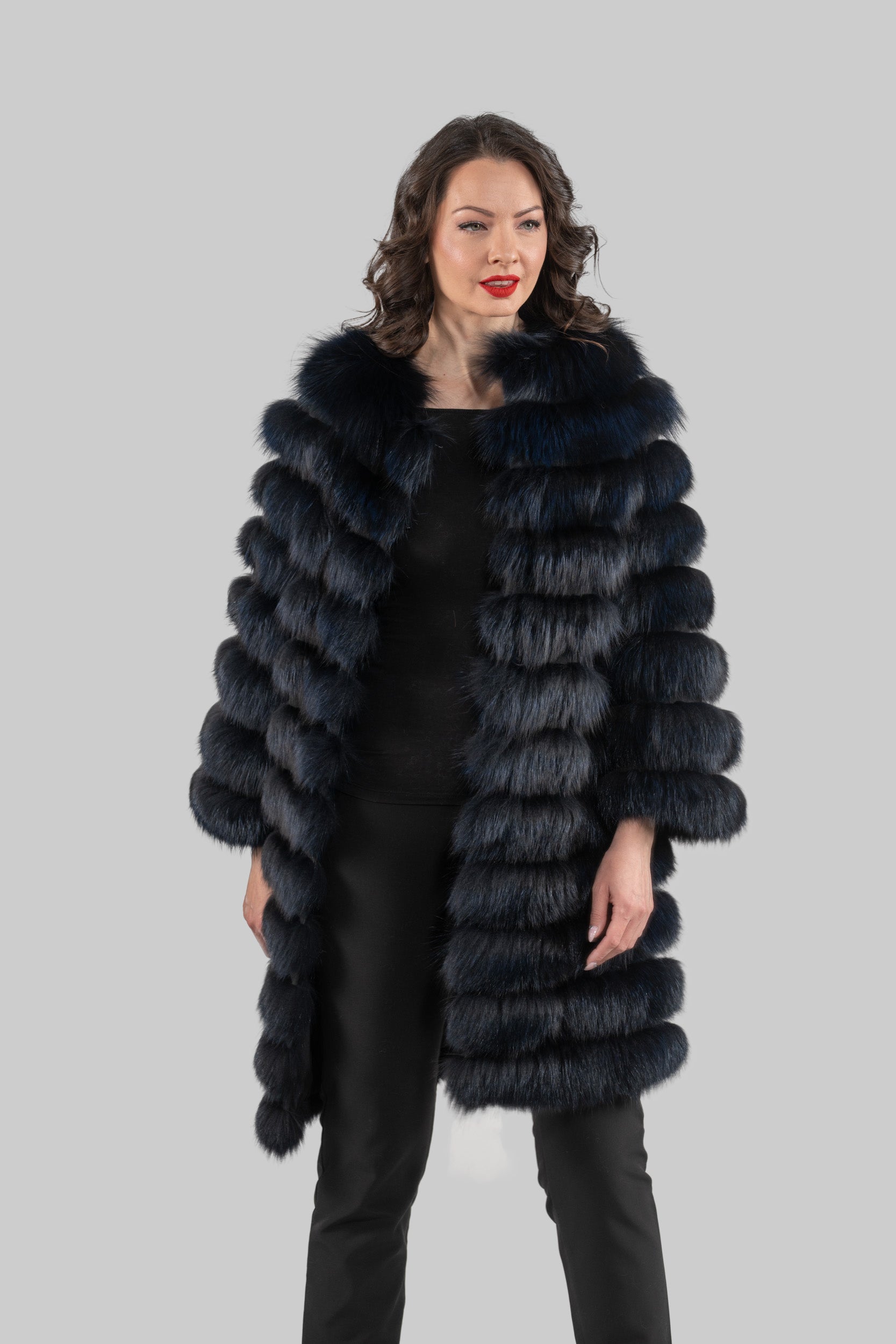 Blue Black Fox Collarless Half Coat R/K13C520