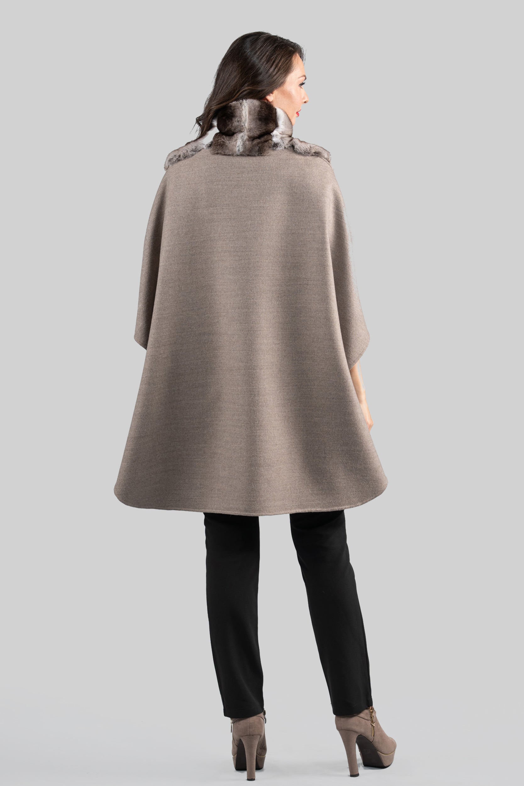 Grey Brown Cashmere Cape with Chinchilla Trim 18M950