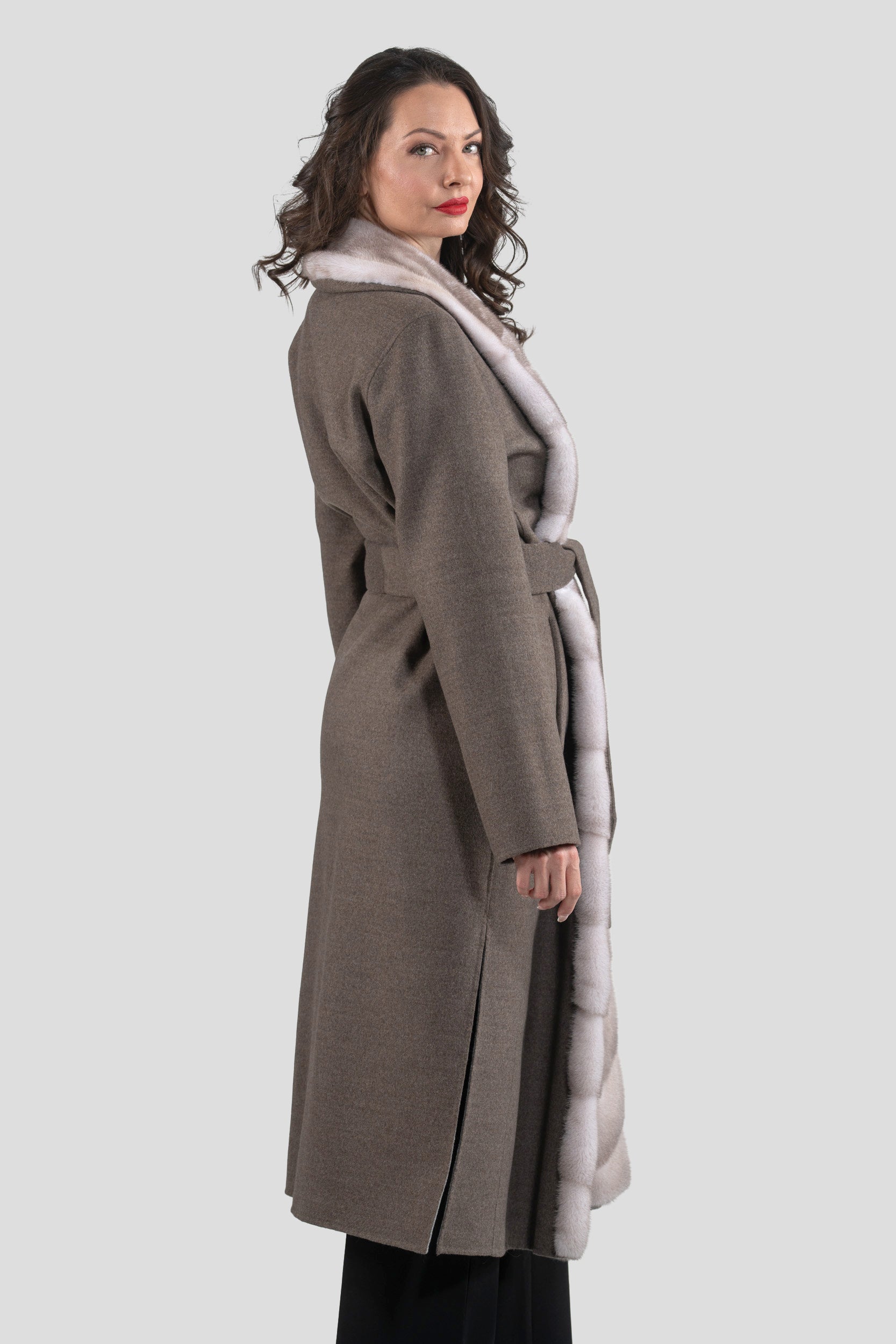 Brown Grey Cashmere Coat with Mink Trim 3321
