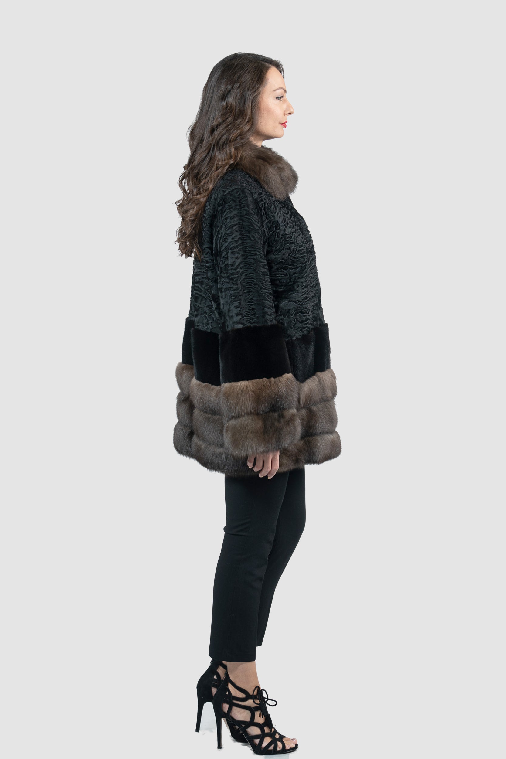 Black Swakara Half Coat with Mink and Russian Sable Trim S/SR/K16C777