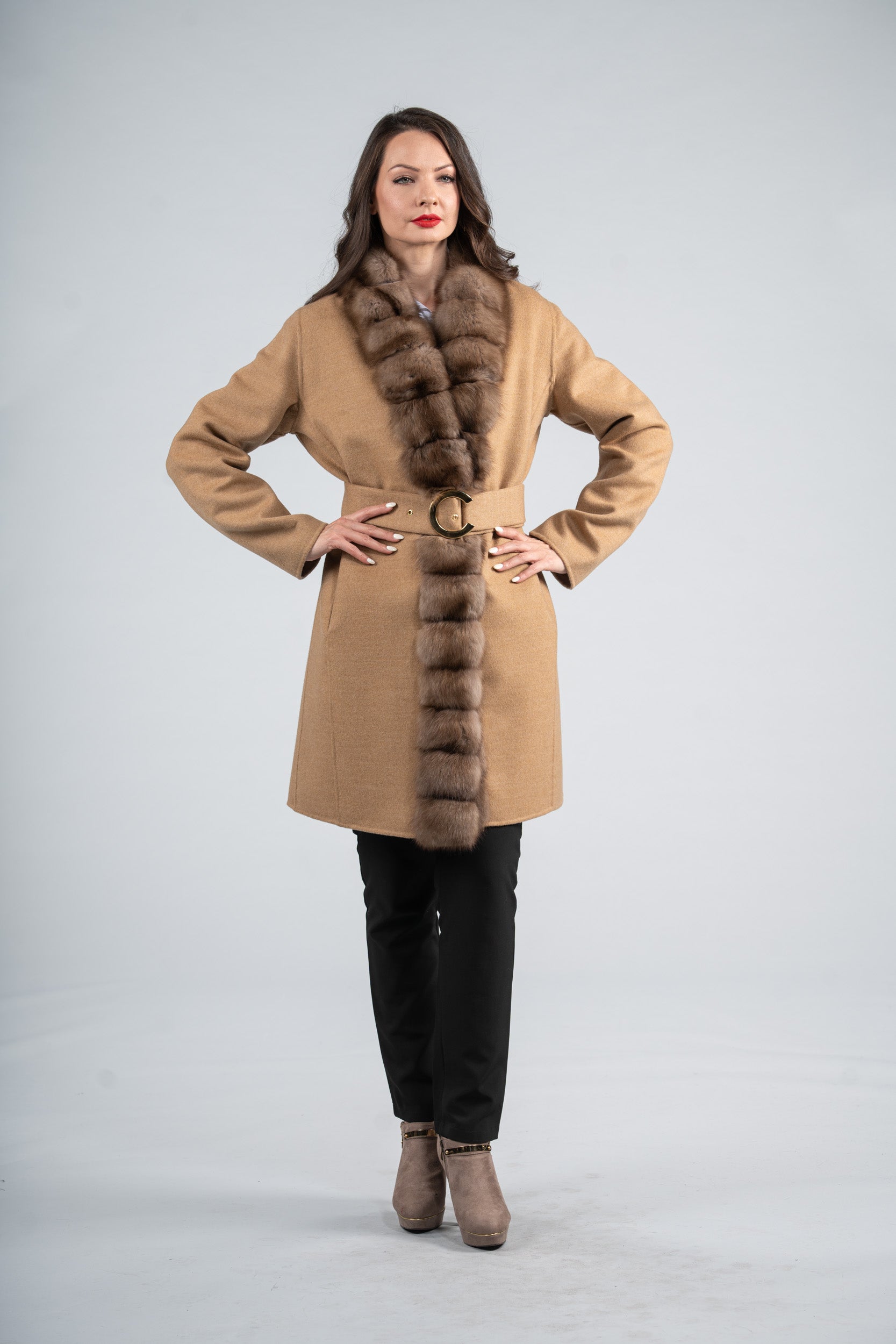 Beige Ecru Cashmere Coat with Russian Sable Trim 21C6080