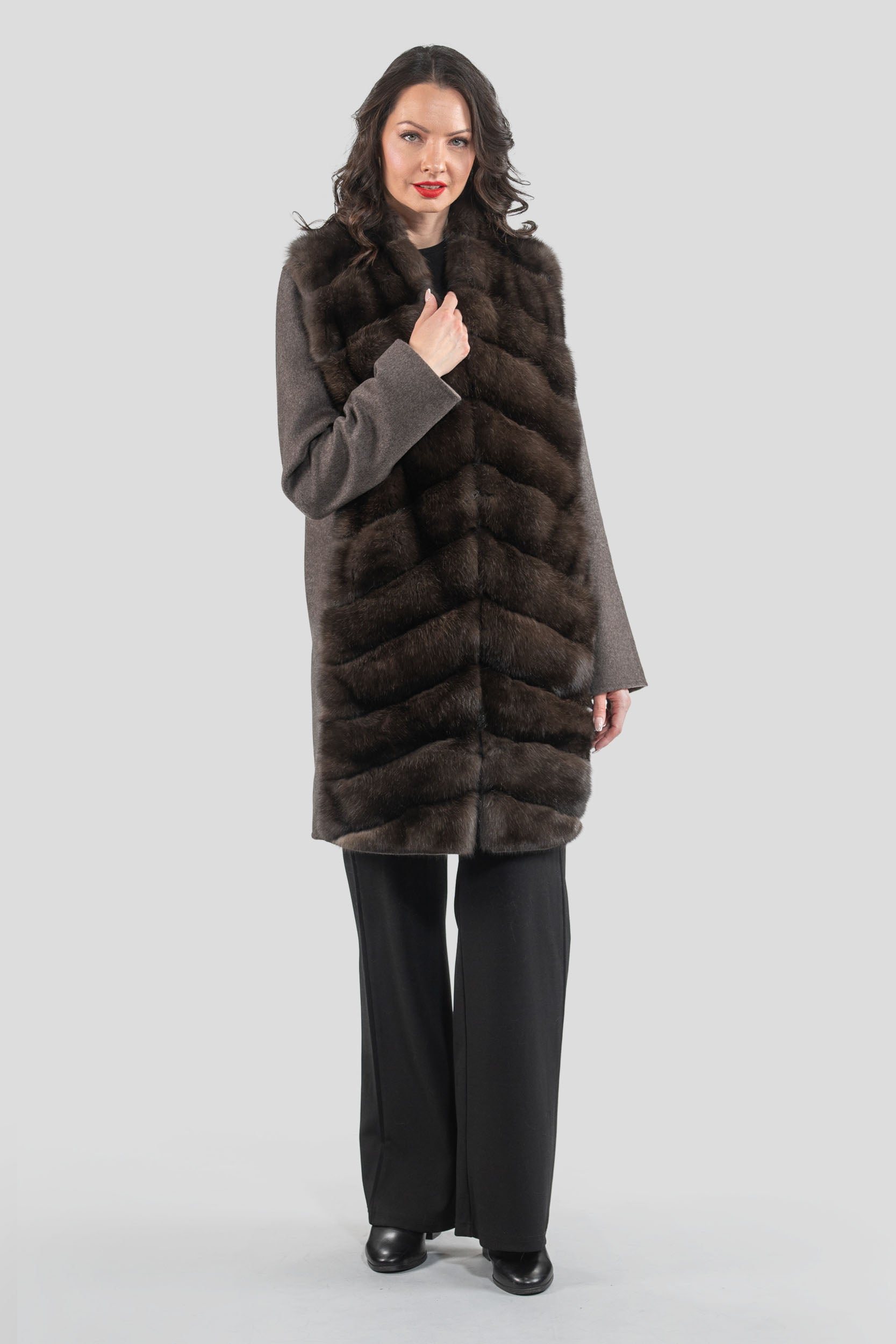 Brown Grey Cashmere Half Coat & Vest with Russian Sable Trim 17C8003s