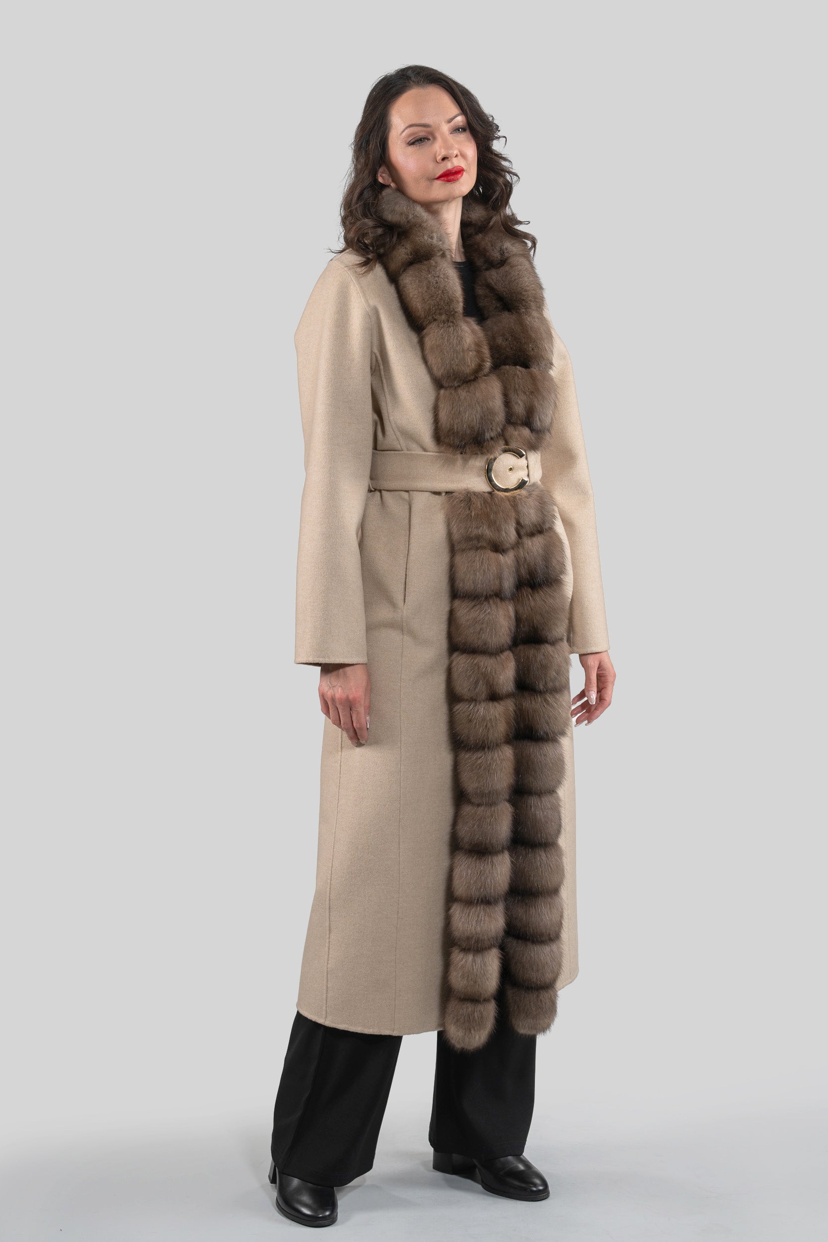 Ecru Beige Cashmere Coat with Russian Sable Trim 21C6080