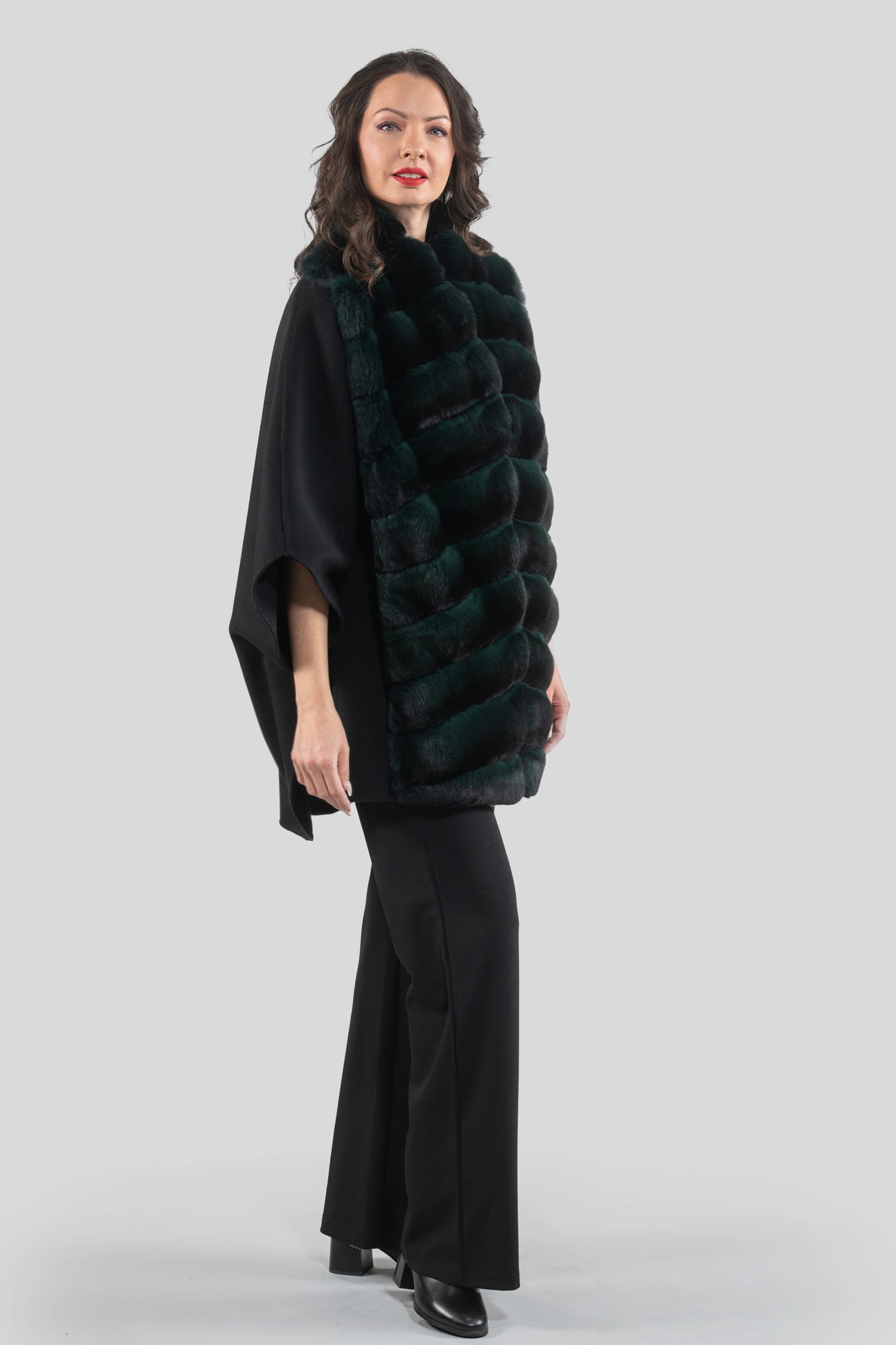 Black Cashmere Cape with Green Chinchilla Trim 18M950
