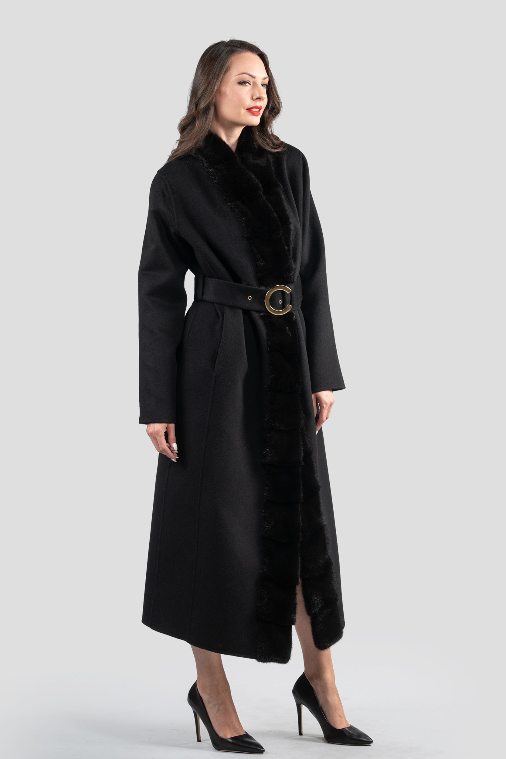 Black Cashmere Coat with Mink Trim 21C6080