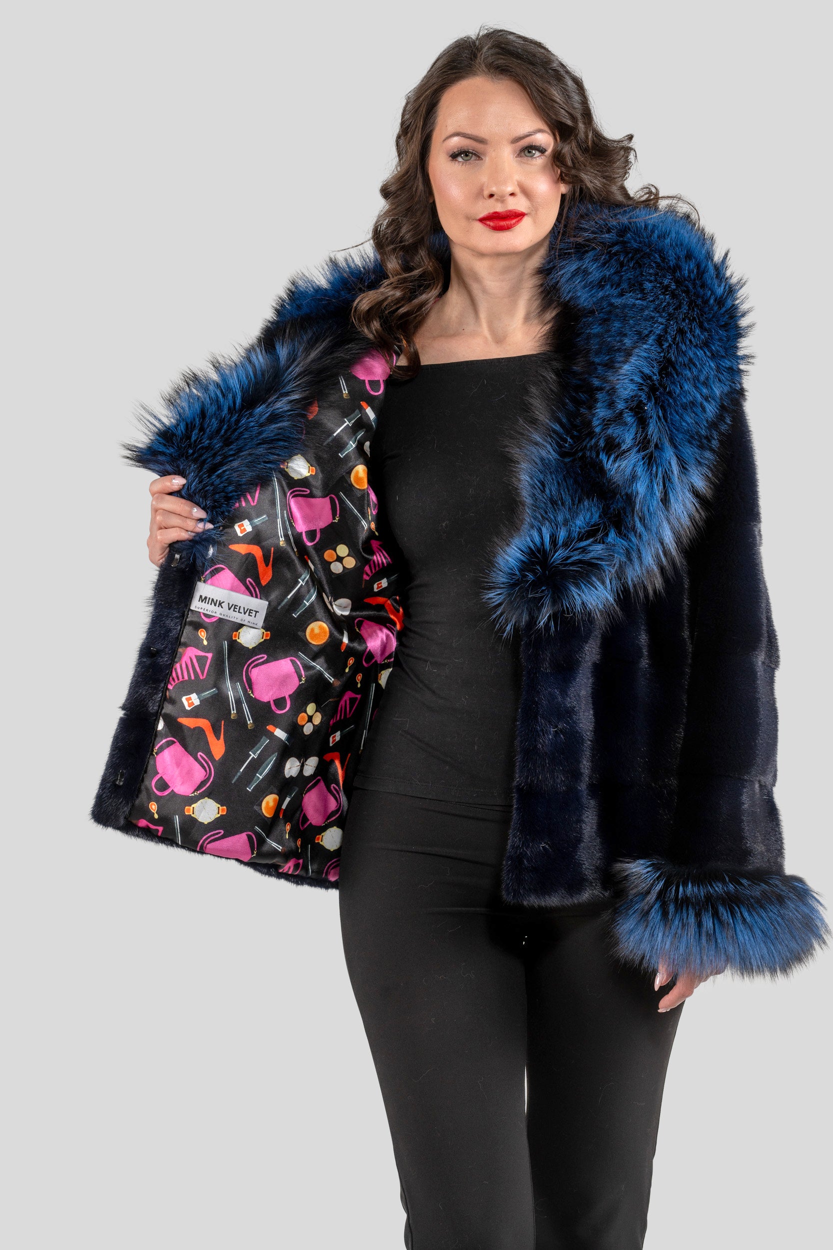 Purple Mink Jacket with Fox Trimmed Shawl Collar P/K13C528C17