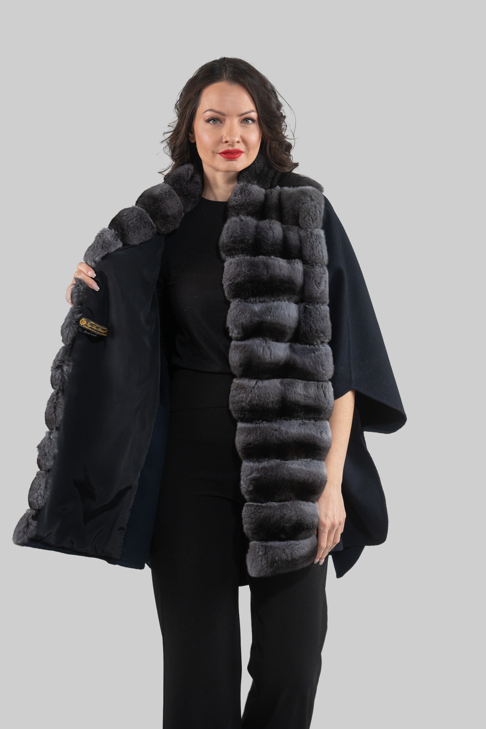 Blue Black Cashmere Cape with Oracle Chinchilla Trim 18M950