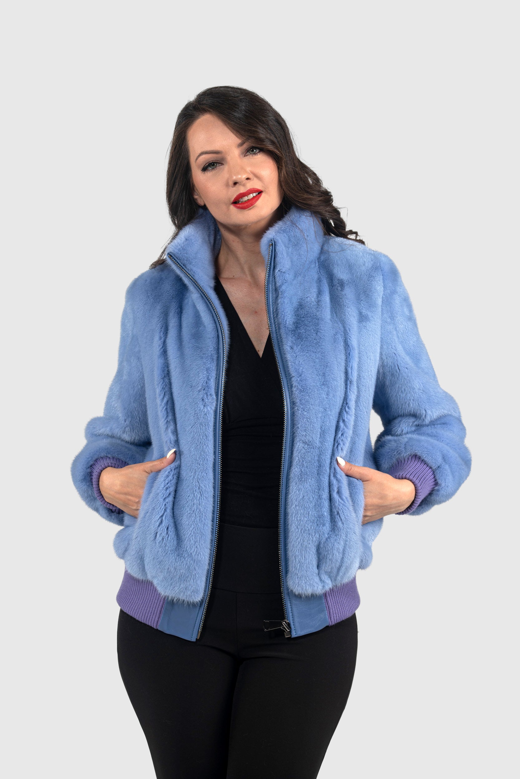 Aqua Marine Mink Bomber Jacket with Stand Collar L/O13C224