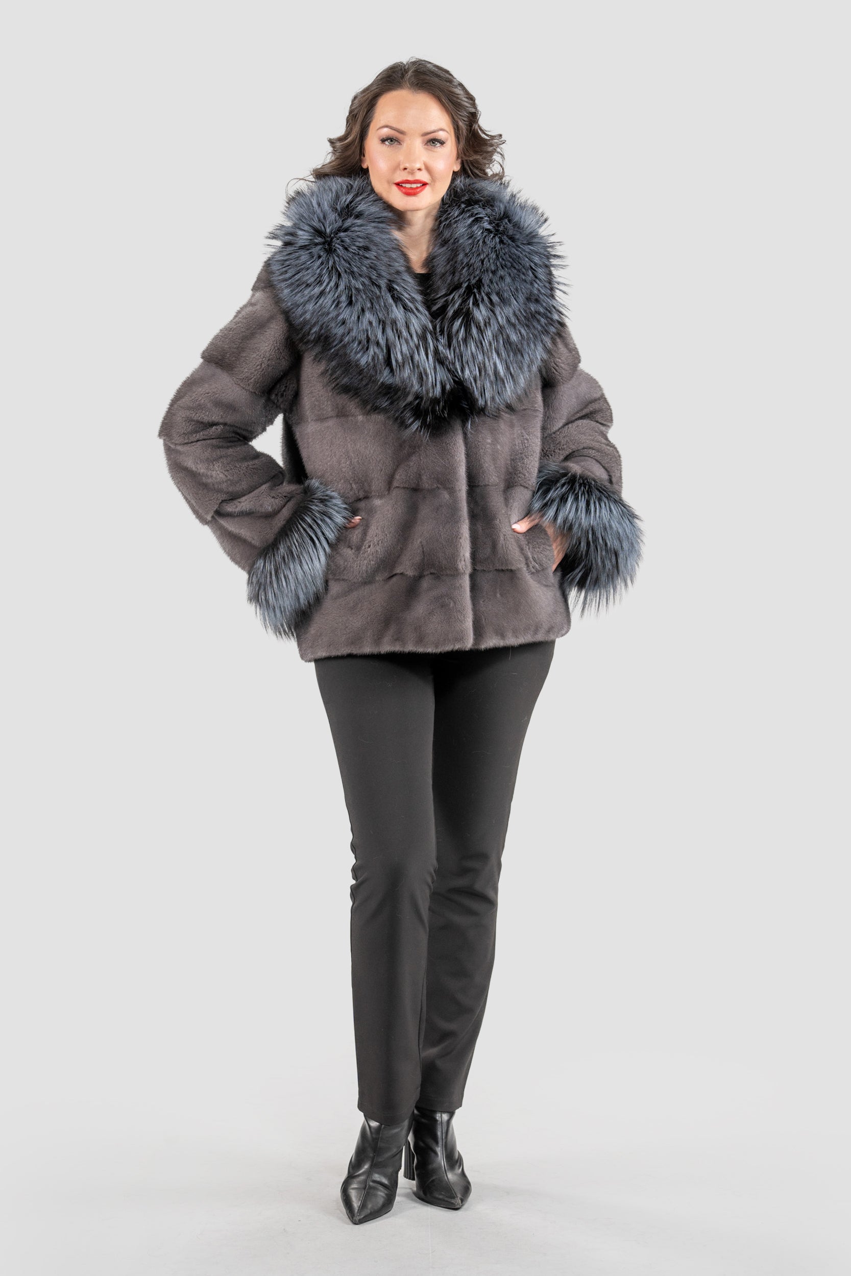 Grey Moon Mink Fur Jacket with Fox Shawl Collar and Cuffs P/K13C528C17