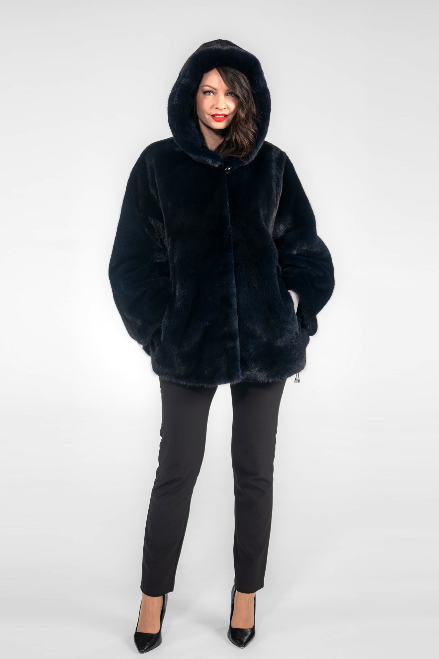 Blue Black Mink Jacket with Hood L/OR5