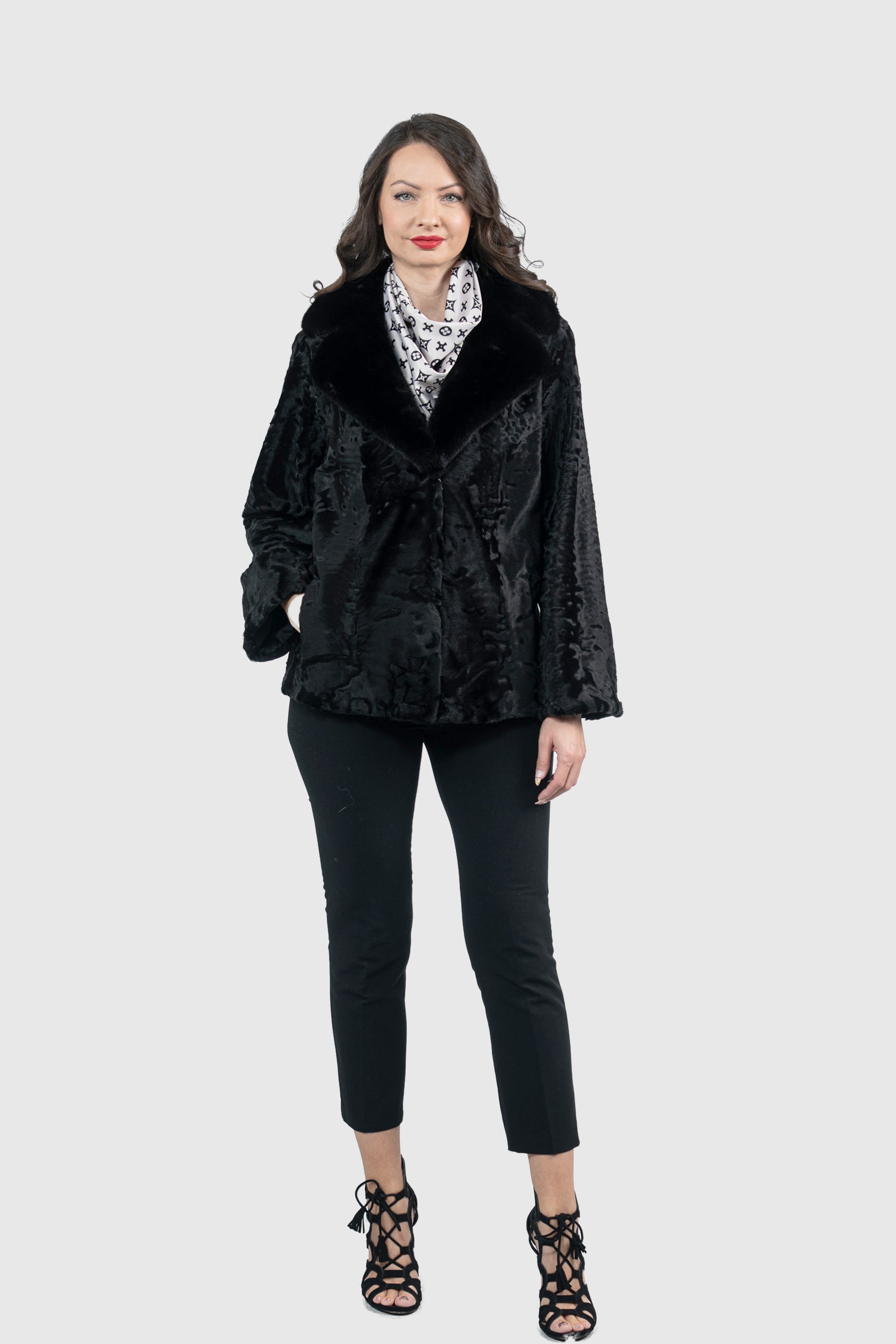Black Swakara Jacket with Mink Notch Collar S/S13C528s20