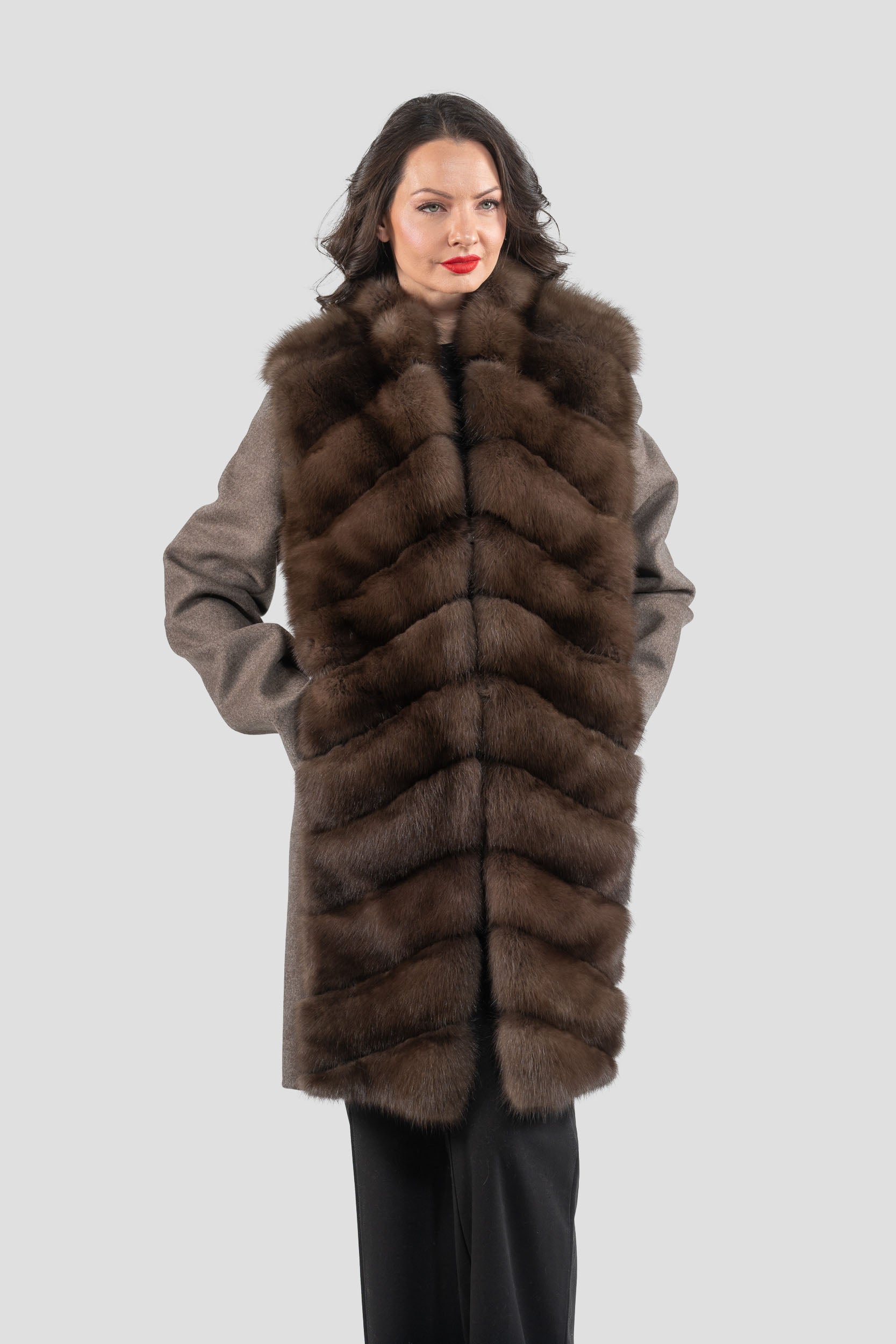 Brown Grey Cashmere Half Coat with Baumarten Trim 17c8003