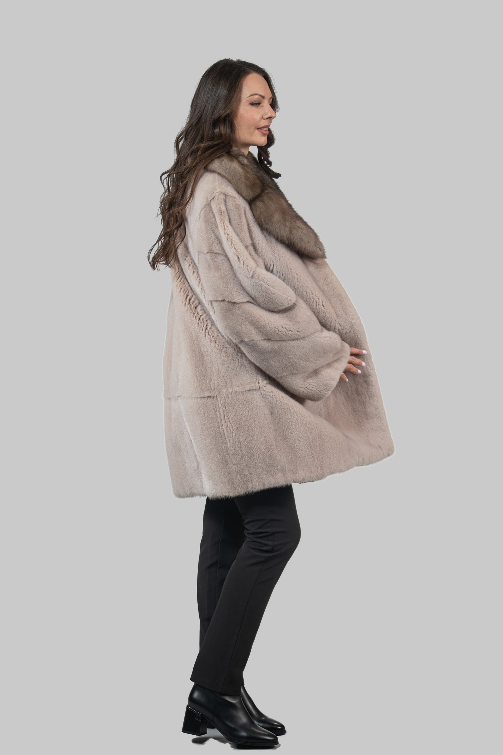 Tiramisu Mink Half Coat with Russian Sable-Trimmed Notch Collar S/S19C439