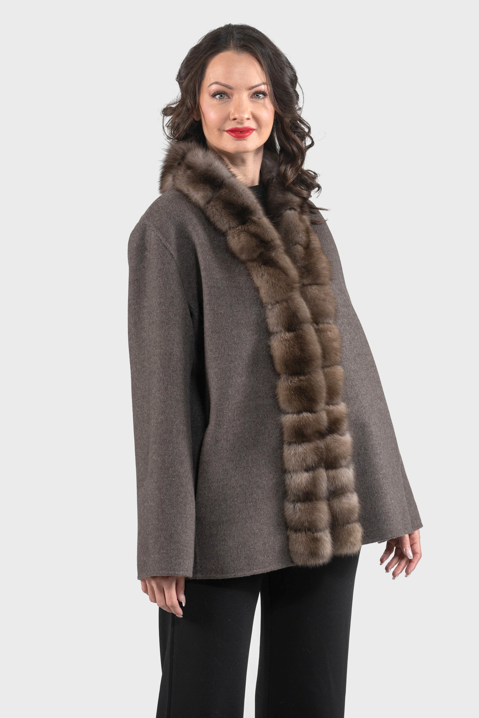 Grey Cashmere Wool Jacket with Russian Sable Trim 21C6080