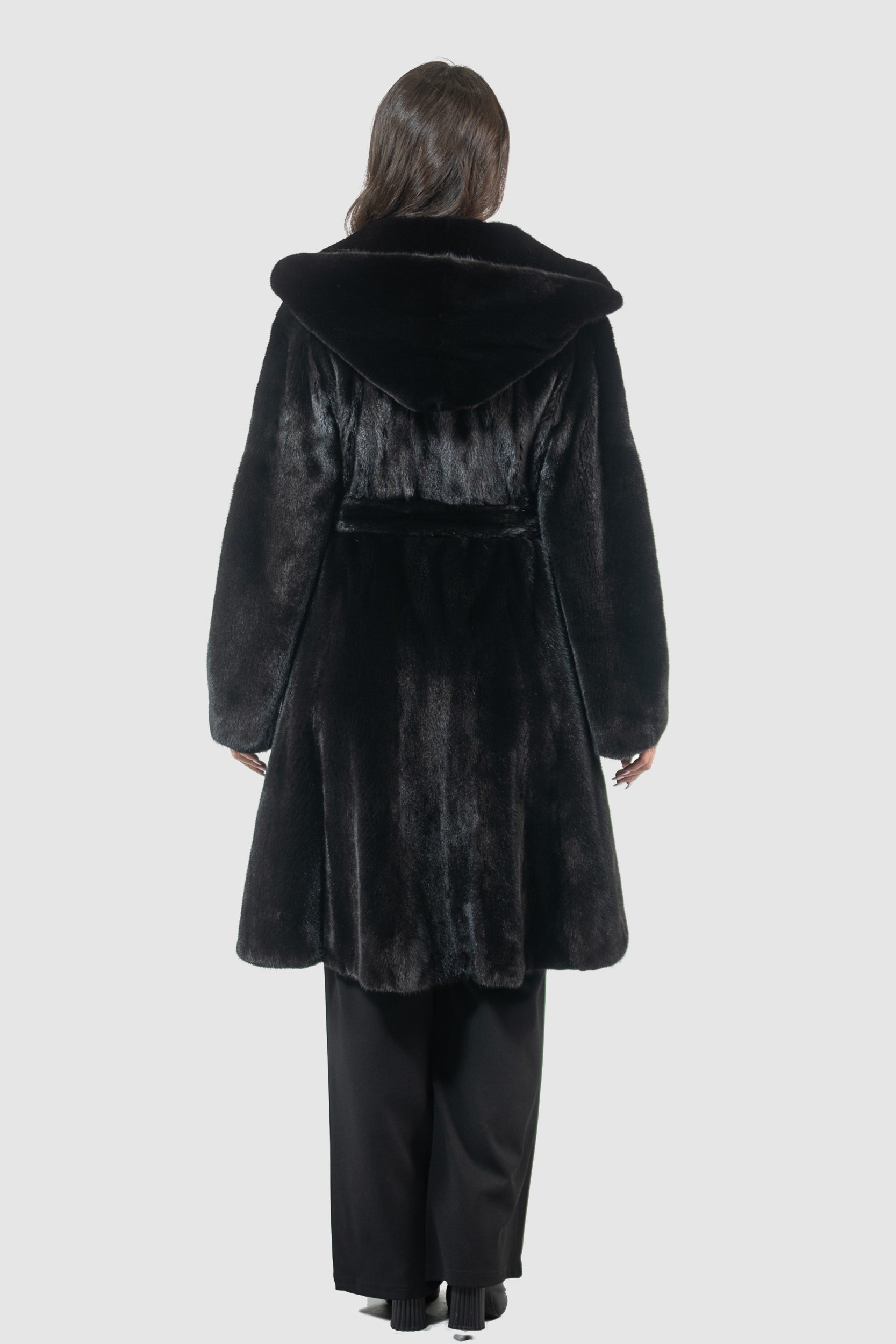 Blackgalama Mink Hooded Half Coat with Belt L/OGADEH
