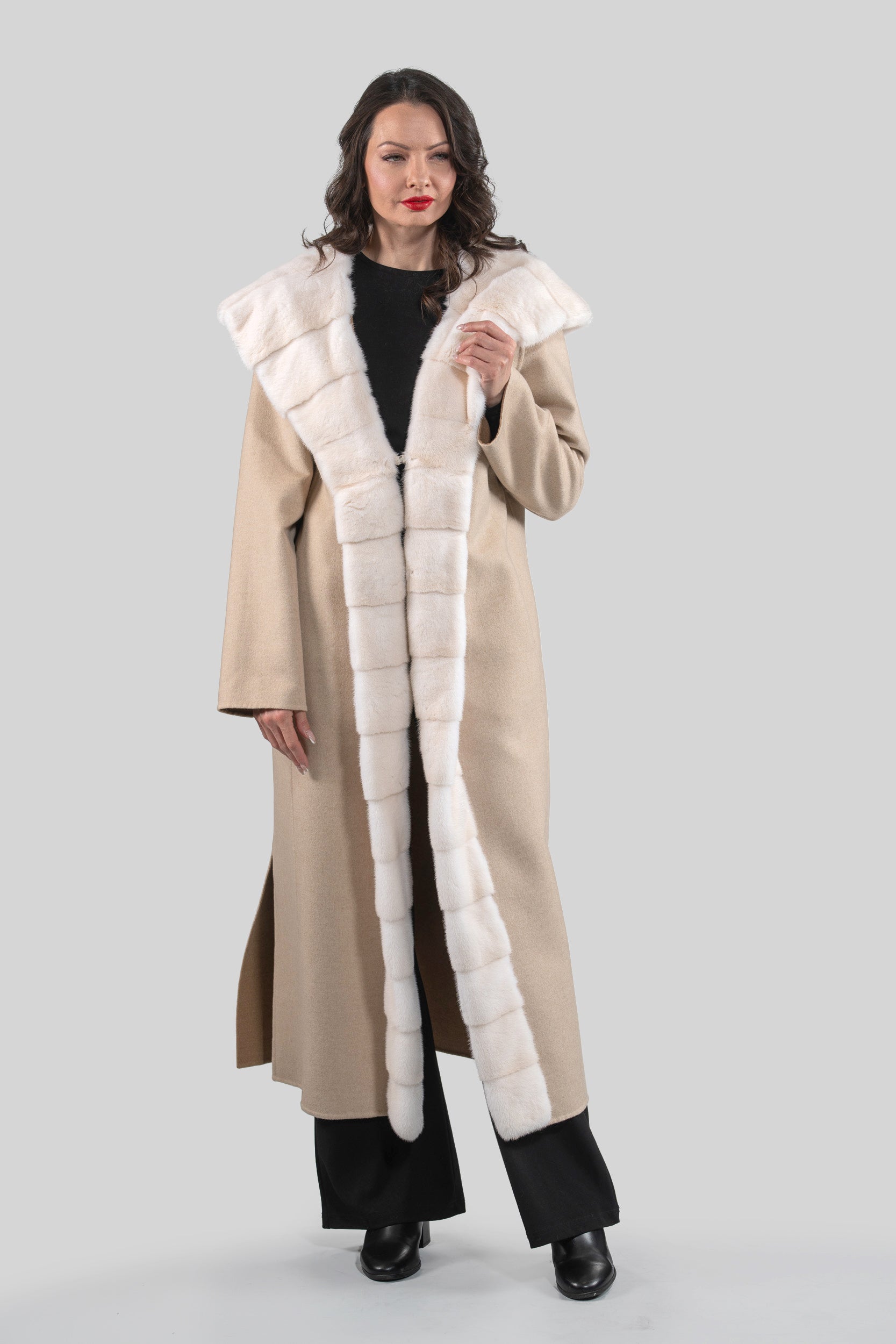 Ecru Beige Cashmere Hooded Coat with Mink Trim 21C6080H540
