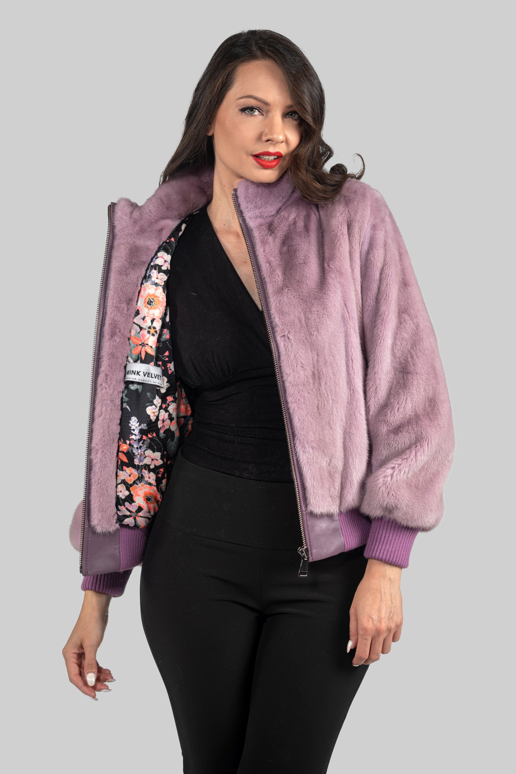 Dark Violet Mink Bomber Jacket with Stand Collar L/O13C224