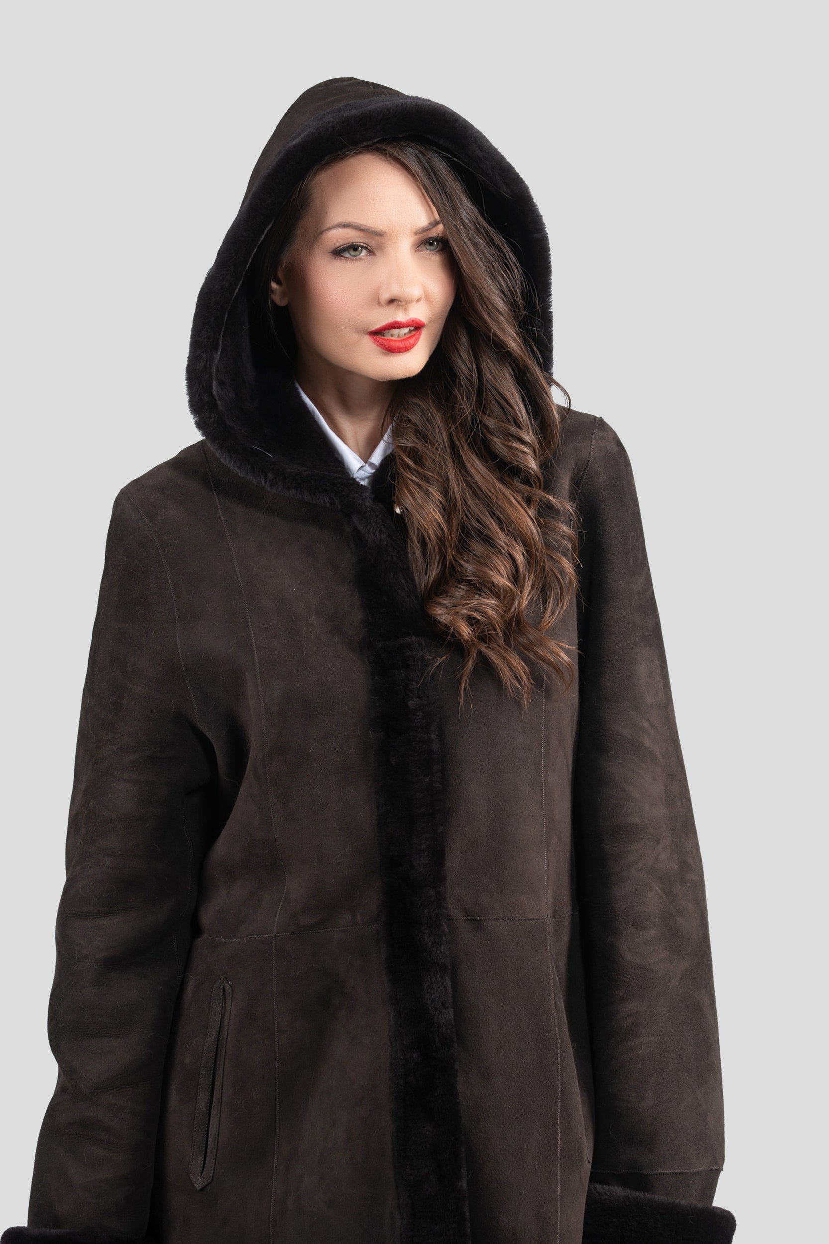 Hooded Brown Half Coat In Spanish Merino 207H