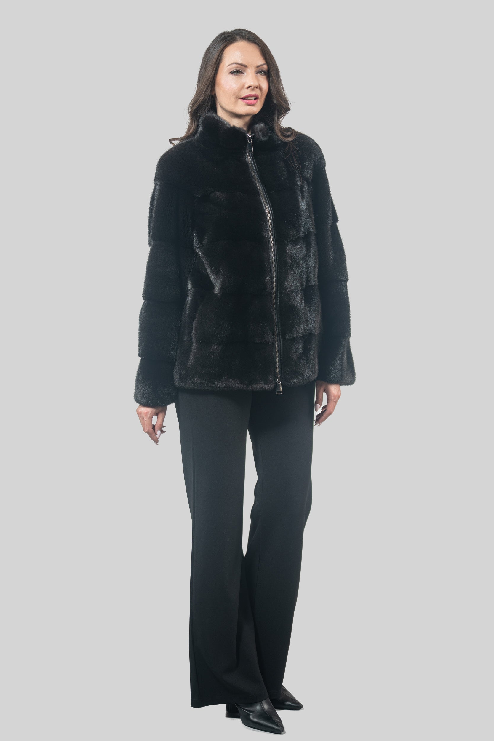Black Mink Jacket with Stand Collar and Zipper P/K13C224