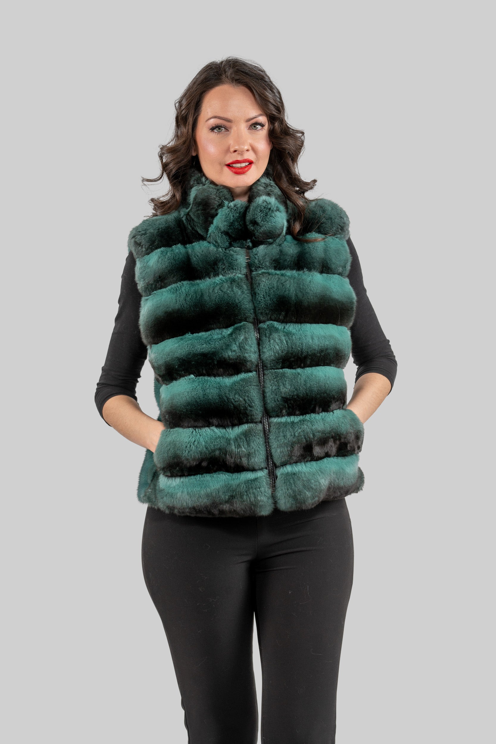 Emerald Green Chinchilla Fur Vest with Stand Collar and Mink Trim P/K2201
