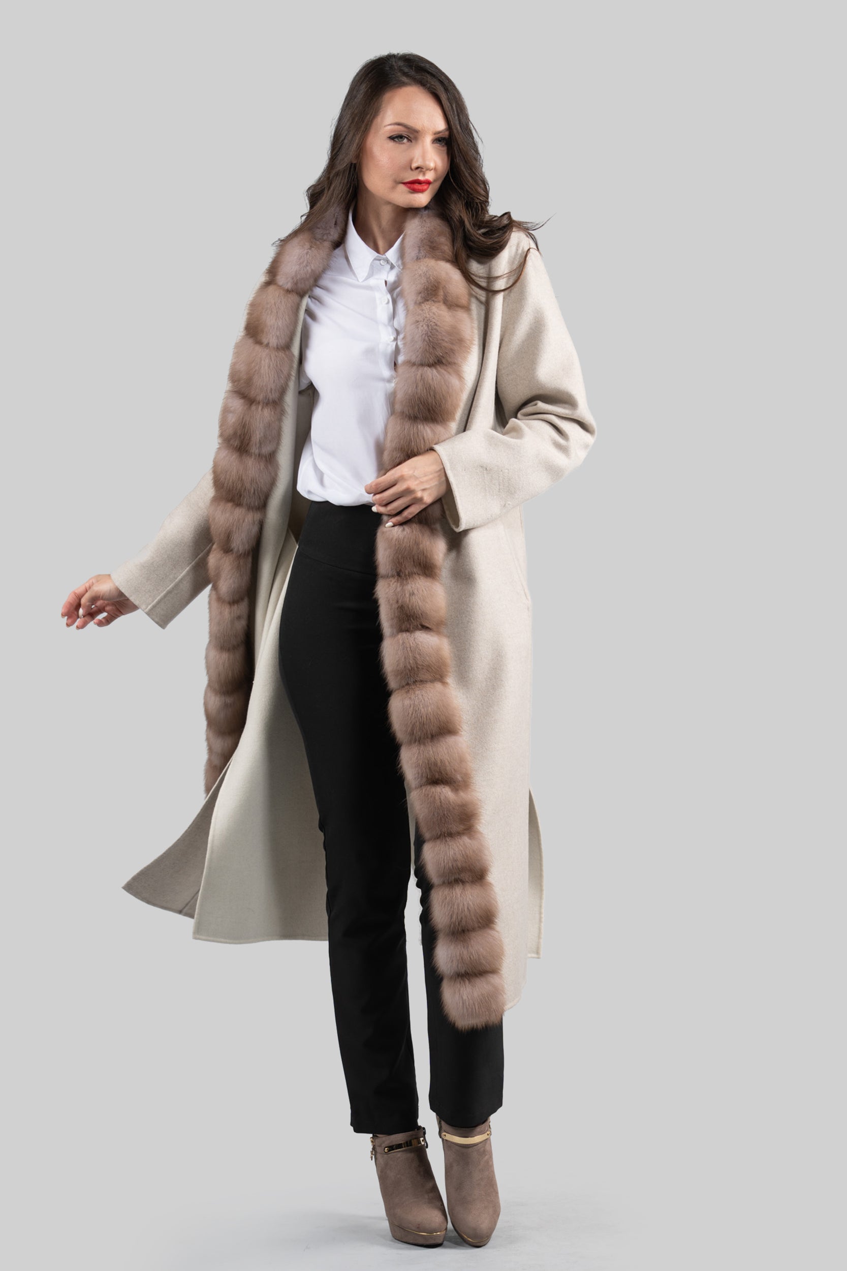White Ecru Cashmere Coat with Russian Sable Trim 21C6080