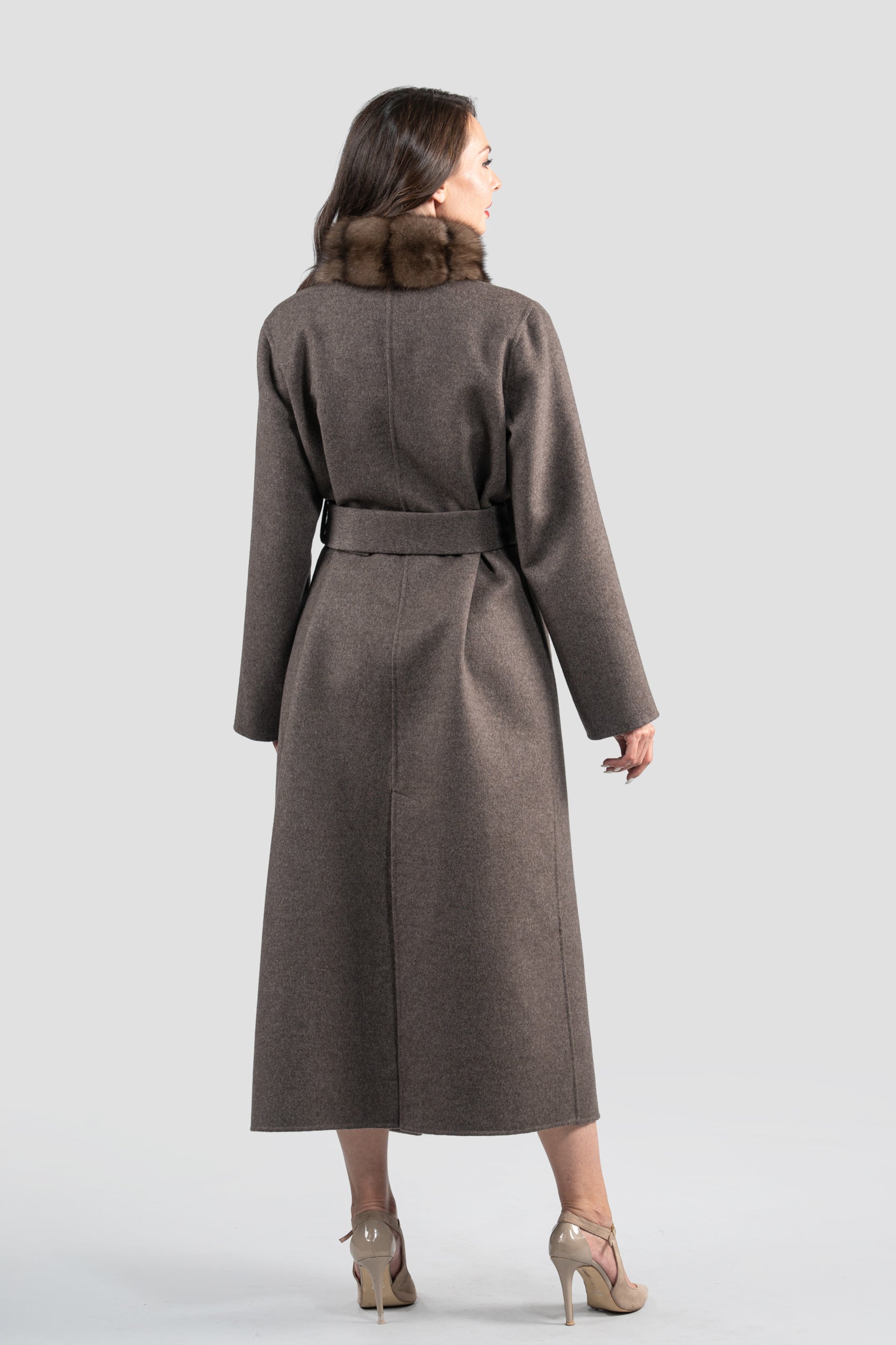 Brown Grey Cashmere Coat with Russian Sable Trim 21C6080