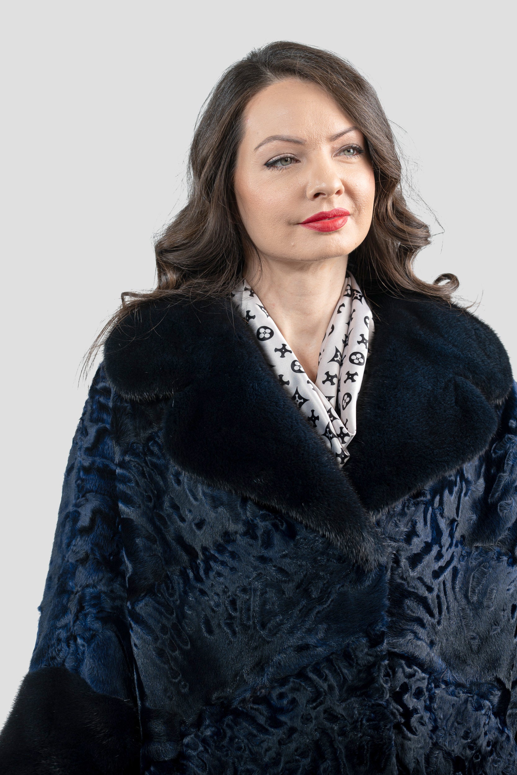 Blue Black Swakara Cape with Mink Notch Collar S/S929