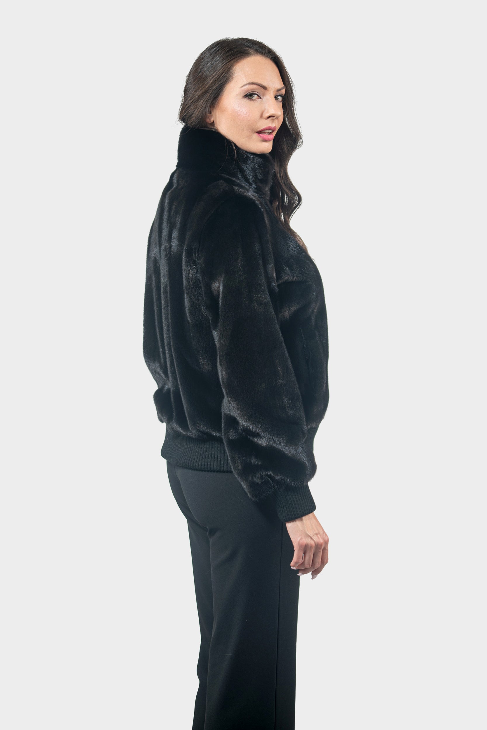 Black Mink Bomber Jacket with Stand Collar L/O13C224