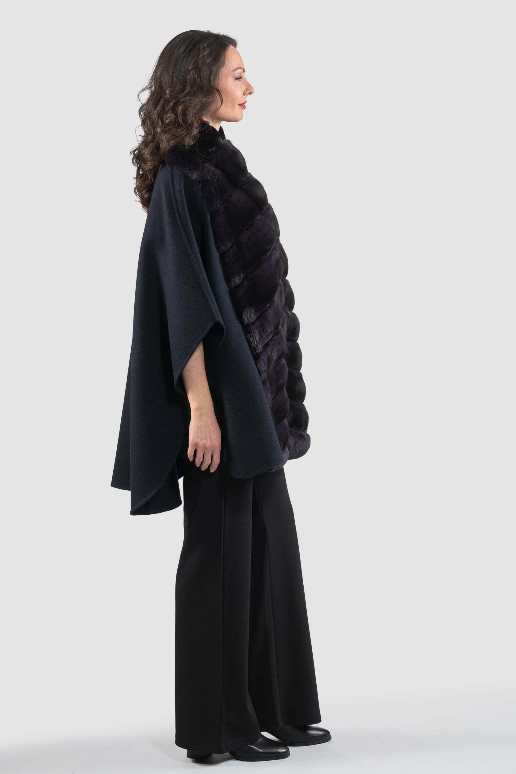 Black Cashmere Cape with Aubergine Chinchilla Trim 18M950
