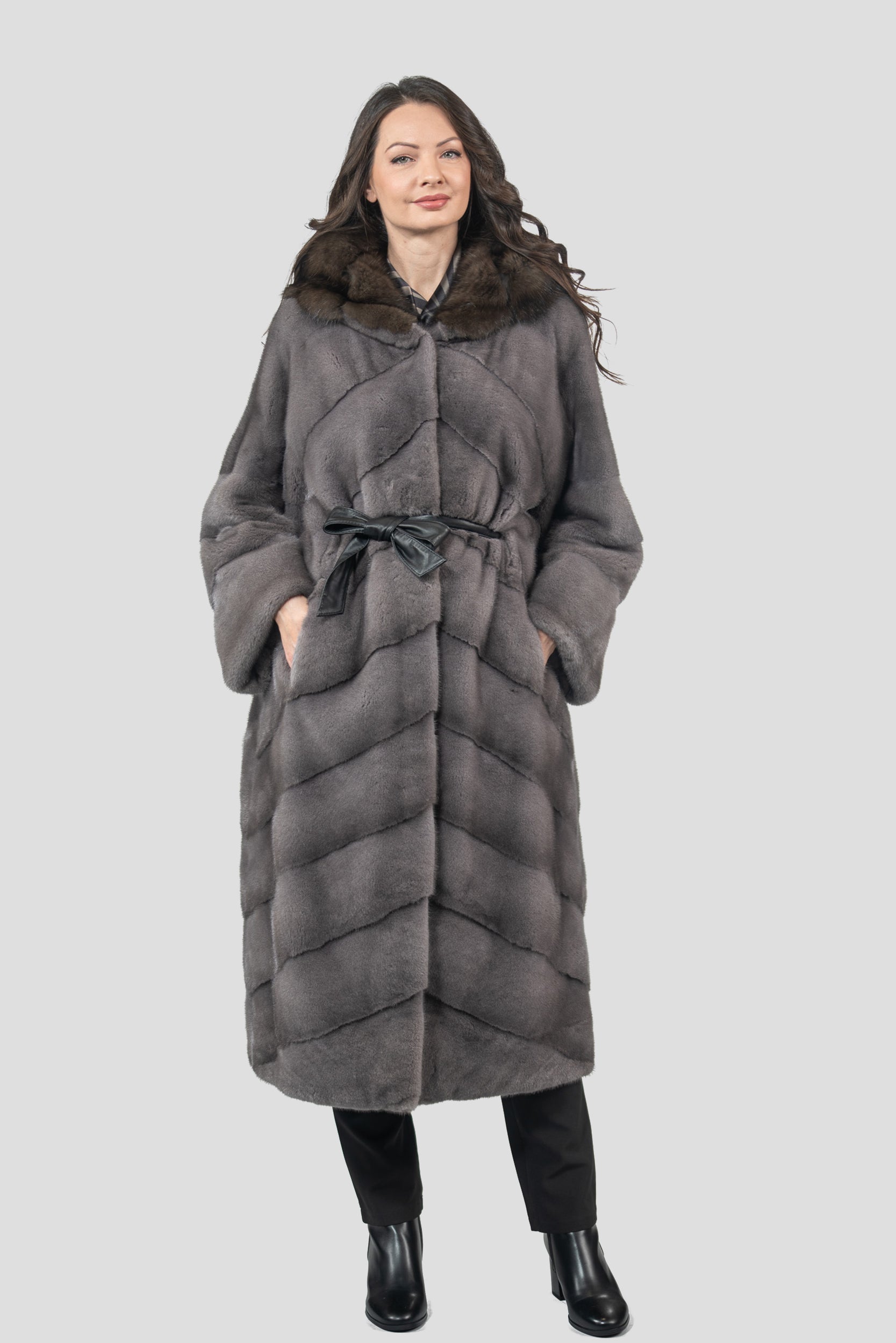 Grey Moon Mink Coat with Russian Sable Hood A/K13C850