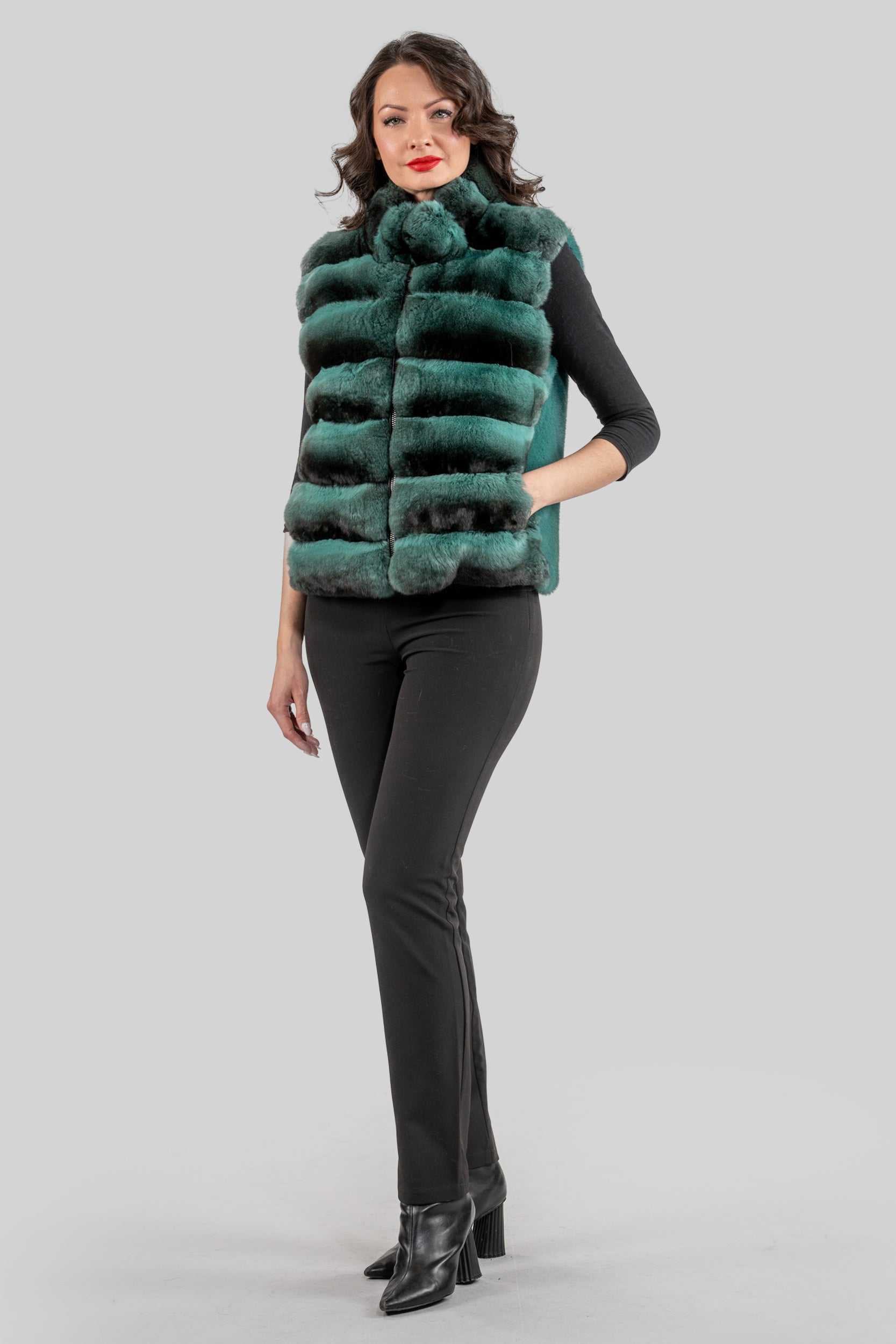 Emerald Green Chinchilla Fur Vest with Stand Collar and Mink Trim P/K2201