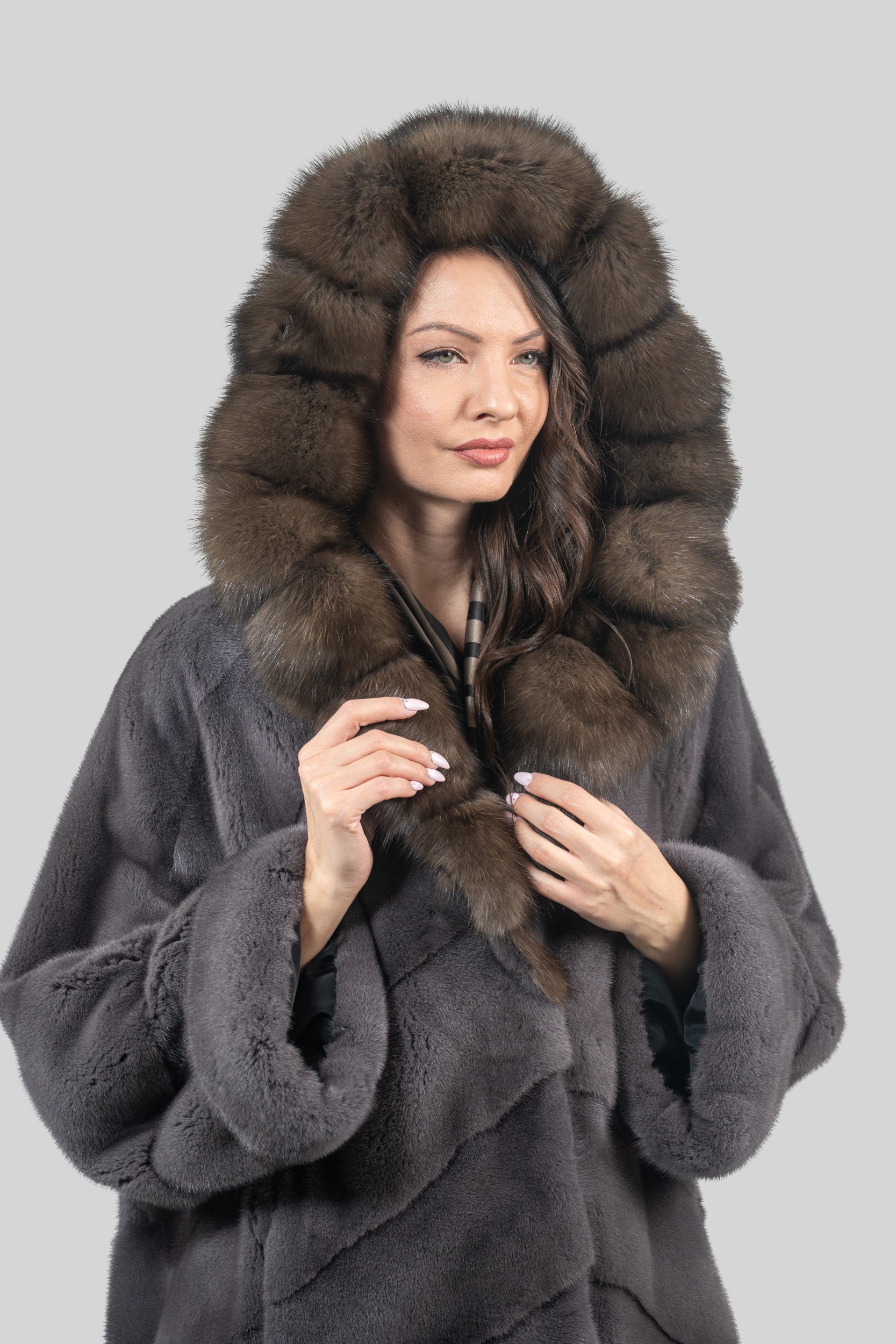 Grey Moon Mink Half Coat with Russian Sable Hood A/K850