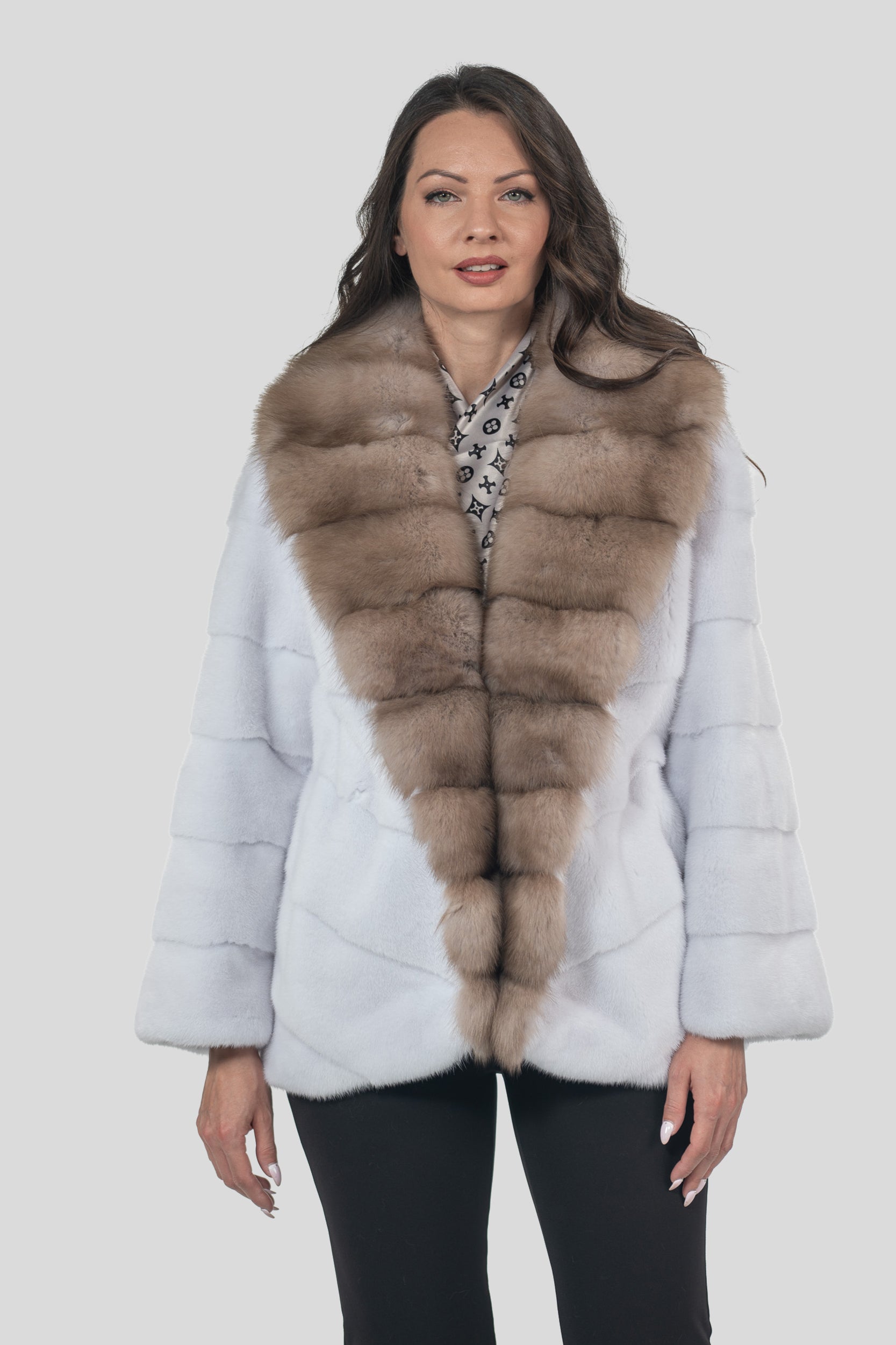 White Mink Half Coat with Baumarten Trim V/K19C123