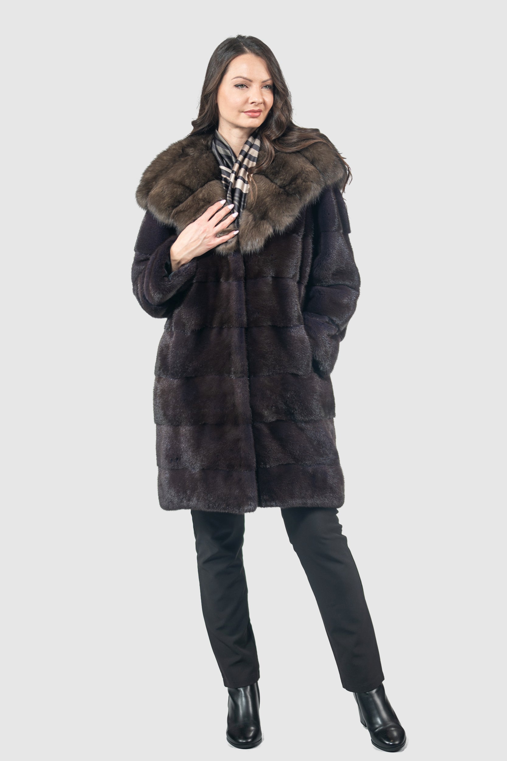 Aubergine Mink Half Coat with Russian Sable Hood P/K13C540