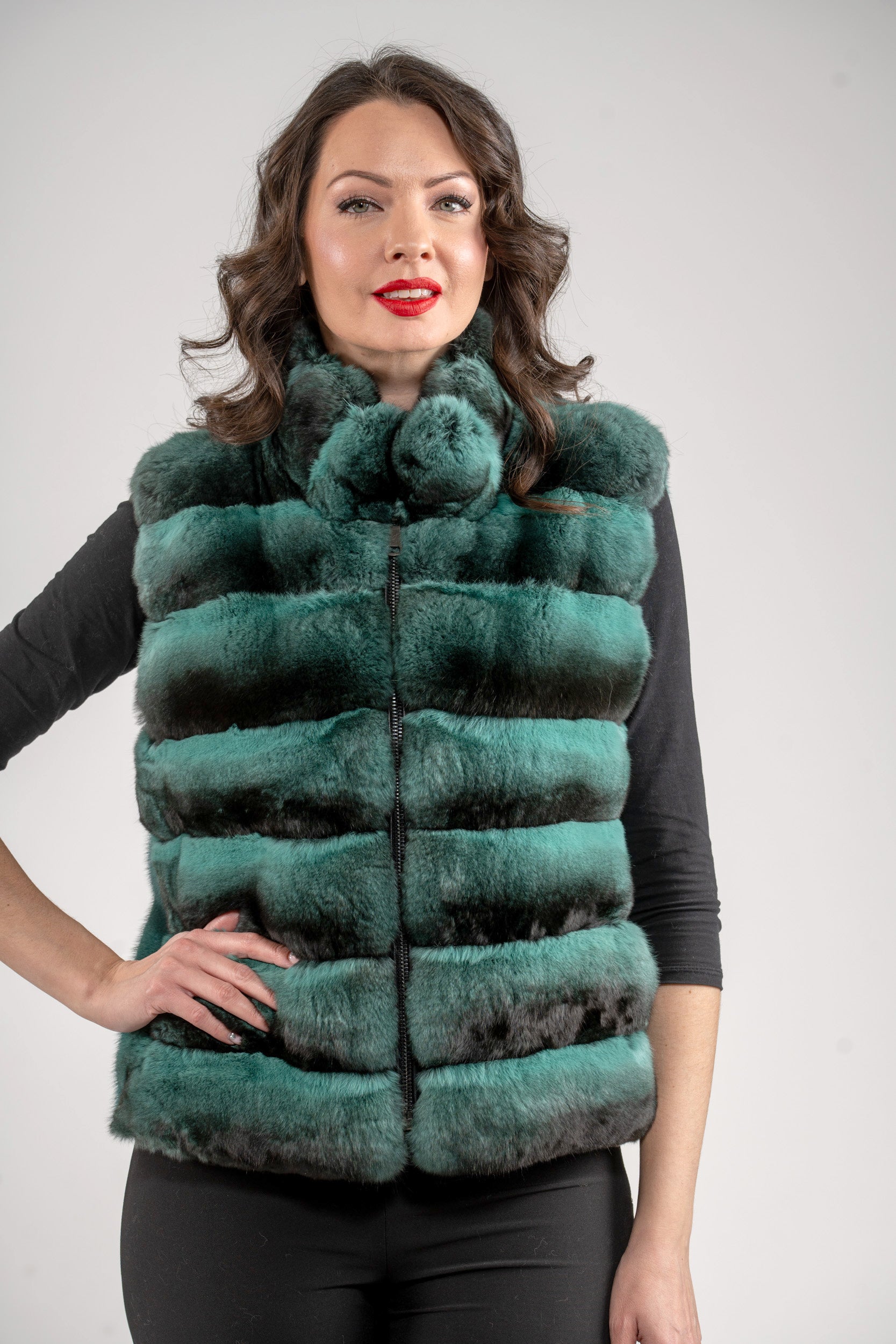 Emerald Green Chinchilla Fur Vest with Stand Collar and Mink Trim P/K2201