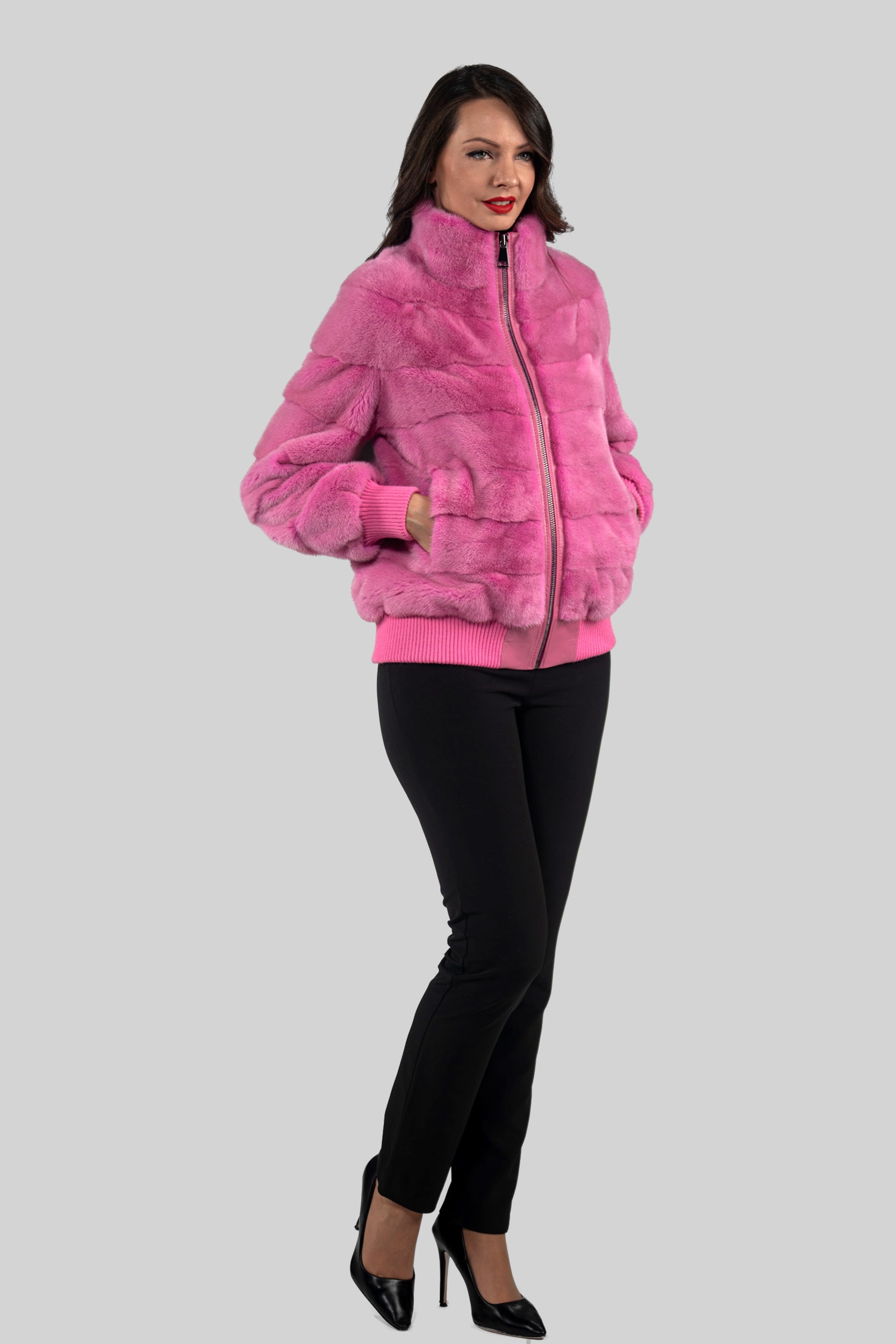 Fuchsia Mink Bomber Jacket with Stand Collar P/K13C224