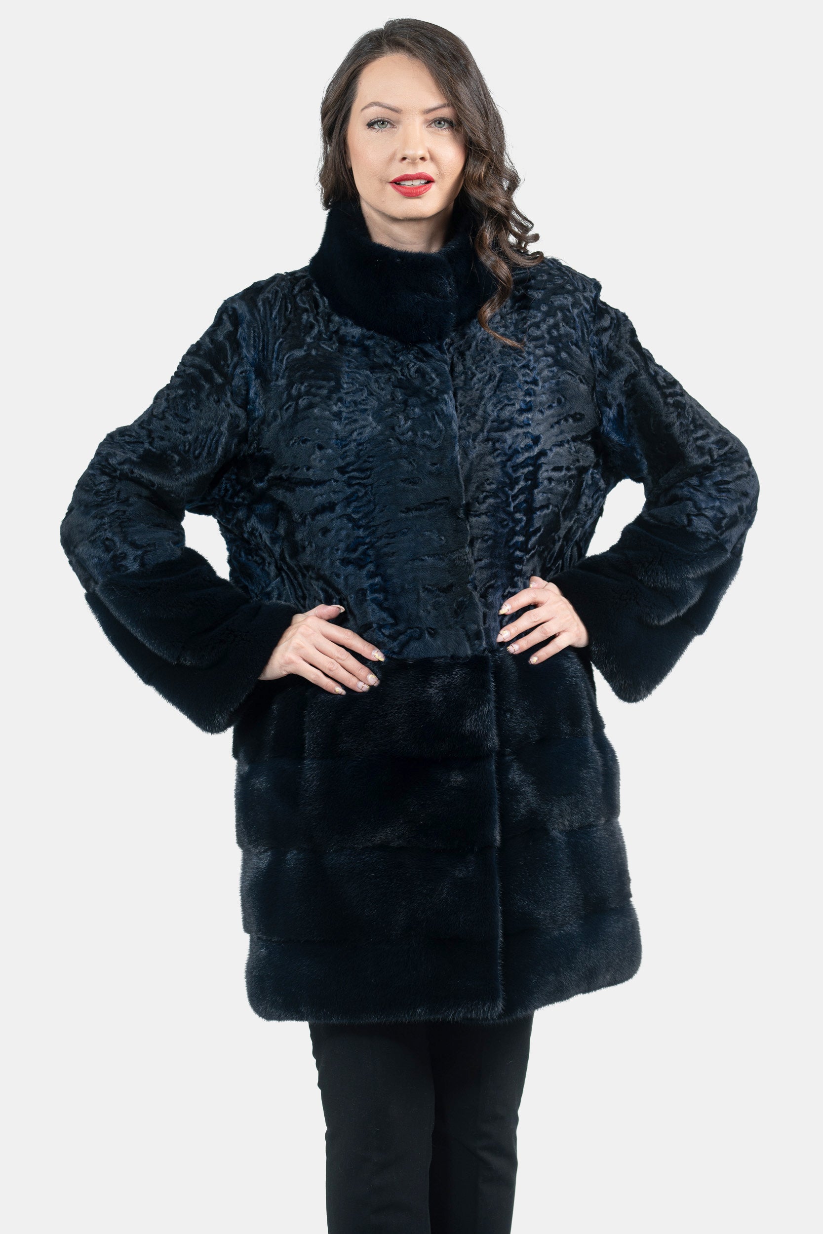 Blue Black Swakara Half Coat with Mink Trim S/SR/K16C733