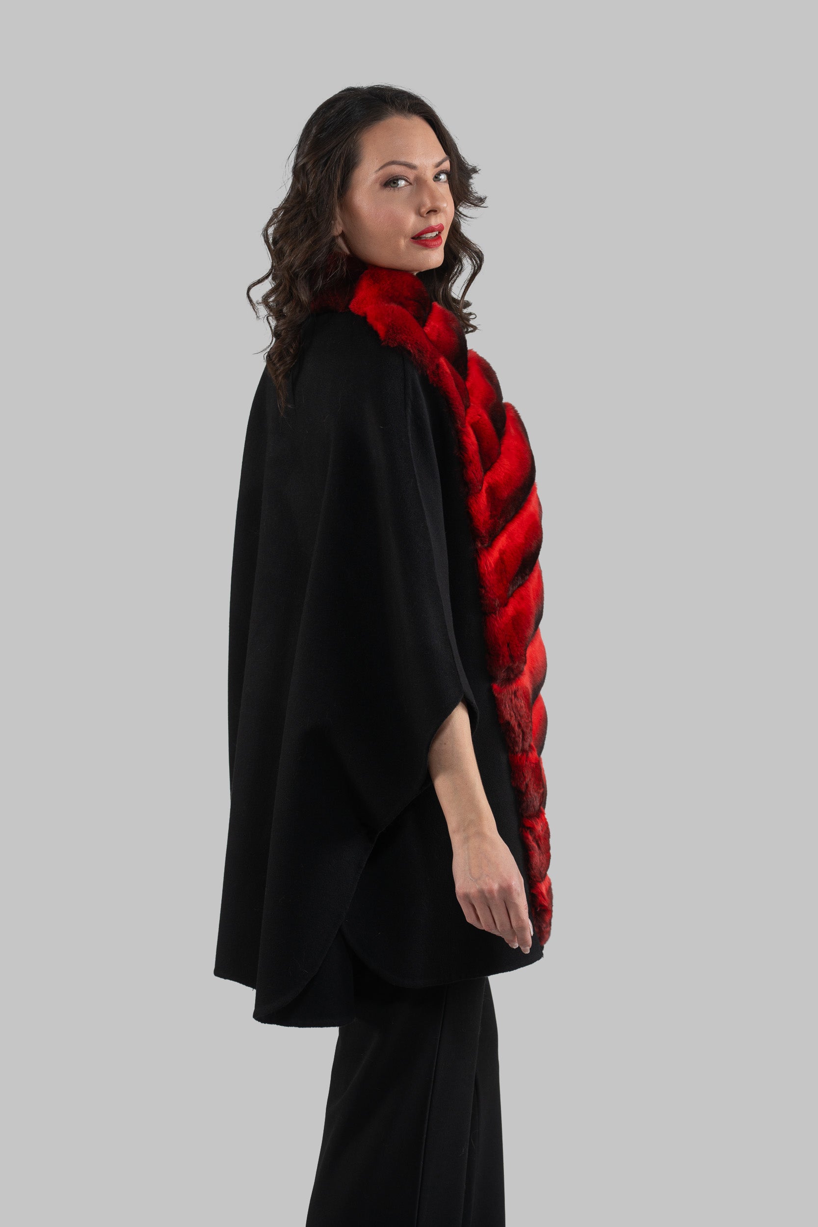 Black Cashmere Cape with Red Chinchilla Trim 18M950