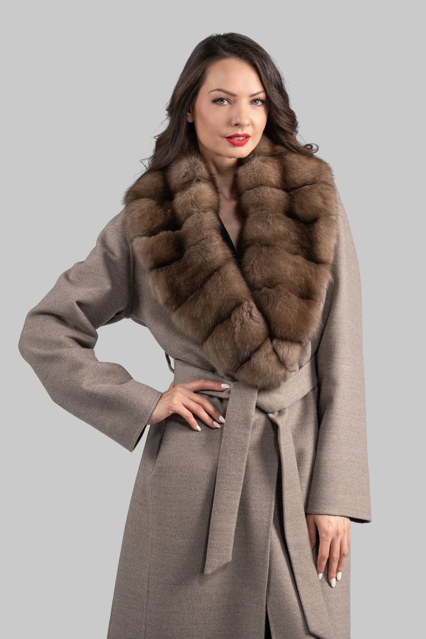 Brown Gray Cashmere Coat with Russian Sable Shawl Collar 20C8070