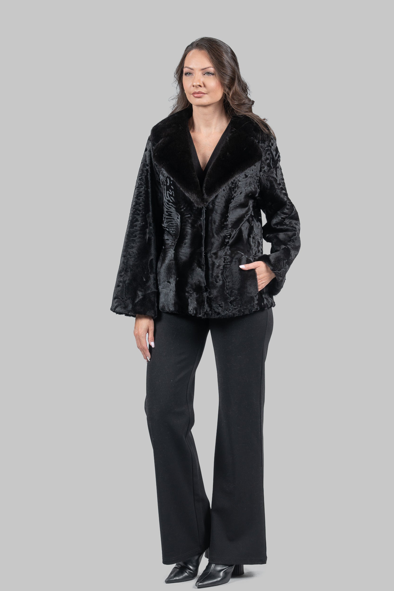 Black Swakara Jacket with Mink-Trimmed Notch Collar S/S13C528s20