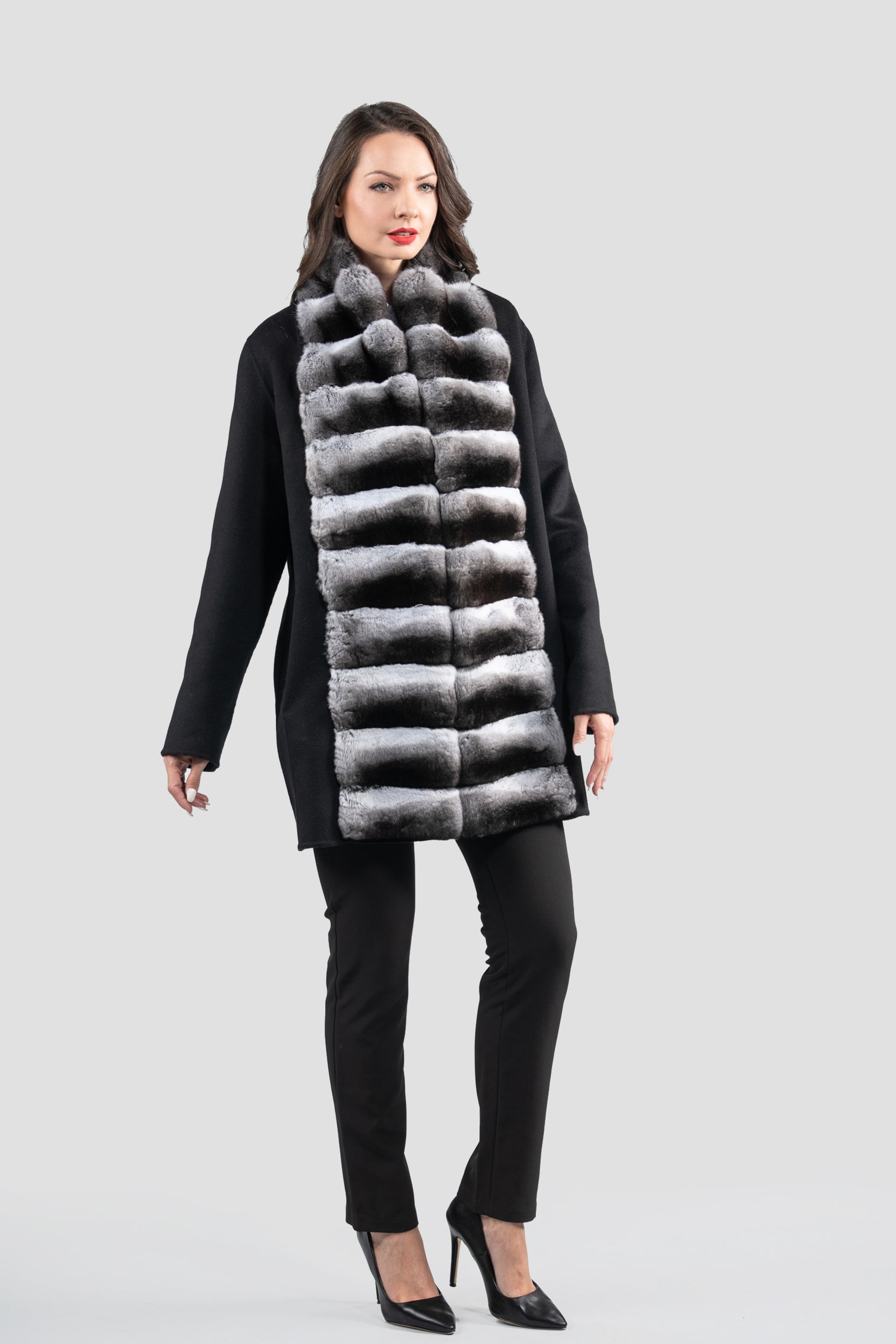 Black Cashmere Coat with Chinchilla Trim 21C8050