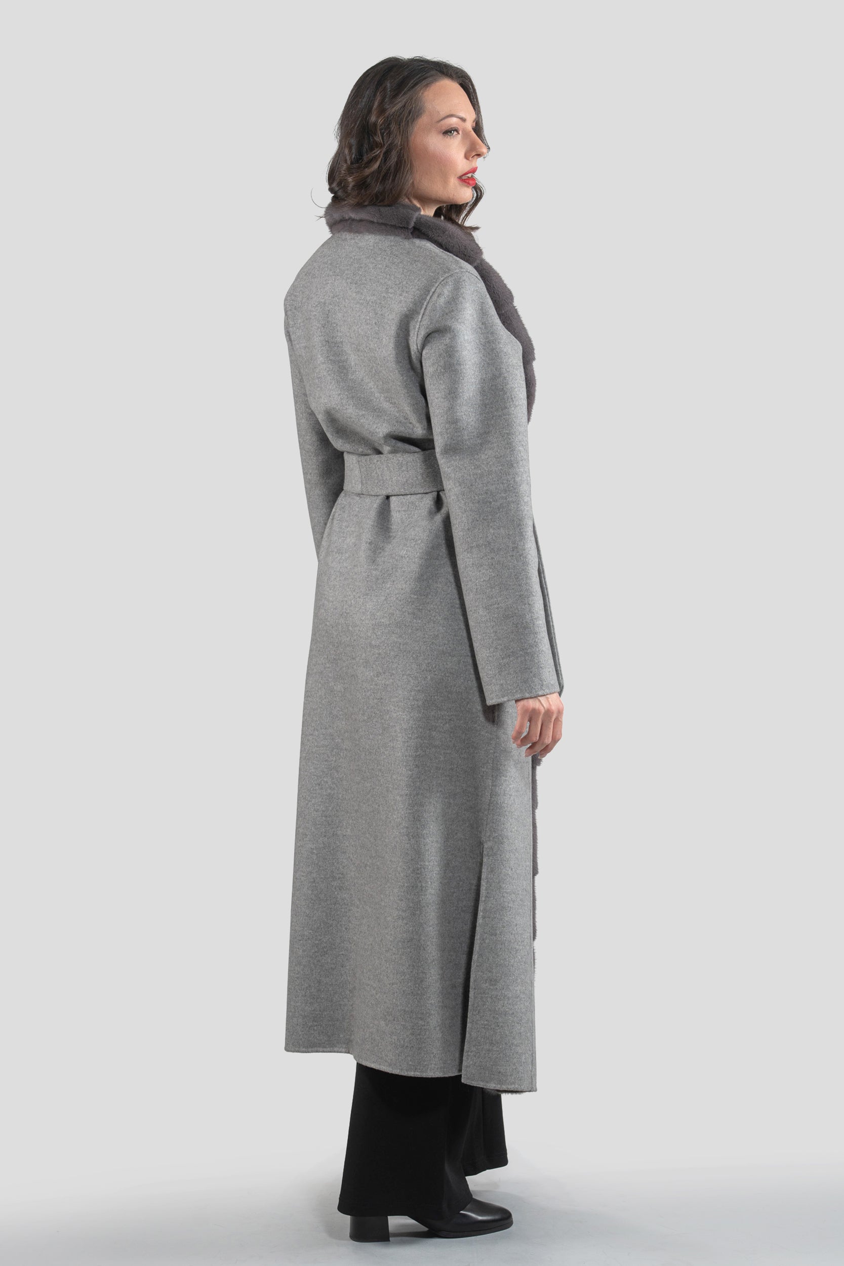 Grey Brown Cashmere Coat with Mink Trim 21C6080