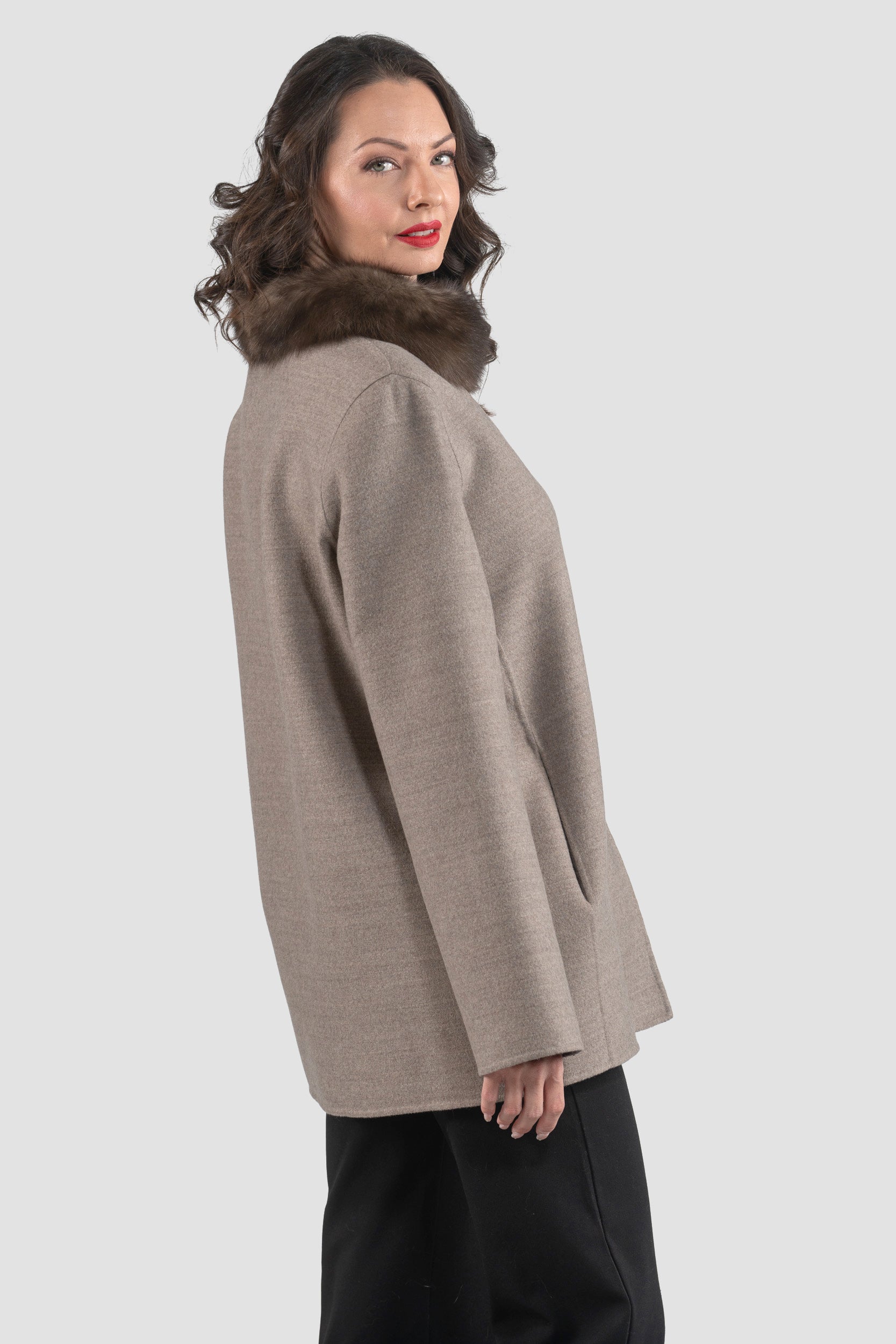 Grey Brown Cashmere Jacket with Russian Sable Stand Collar 17C8003G530