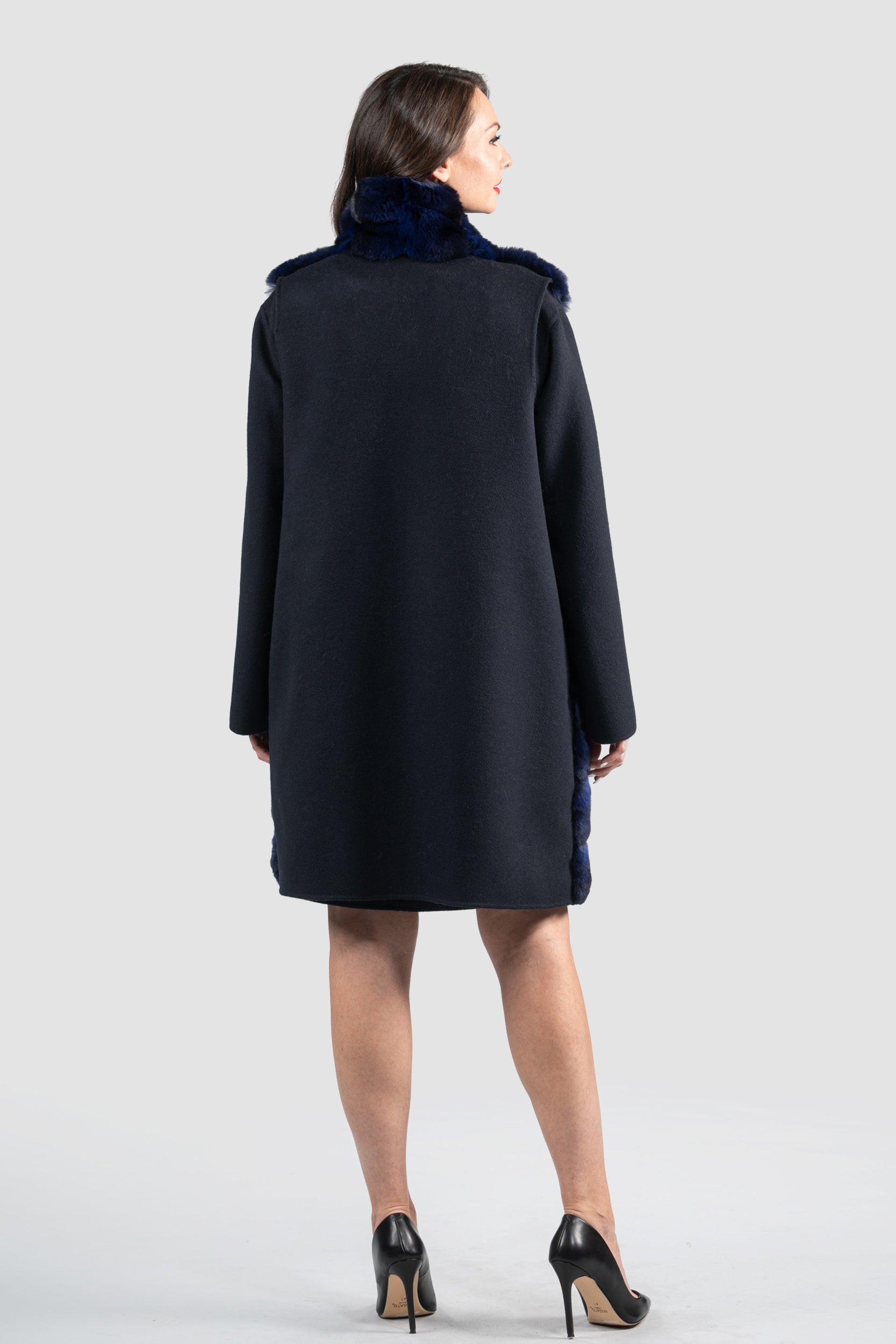 Blue Black Cashmere Half Coat & Vest with Chinchilla Trim 17C8003
