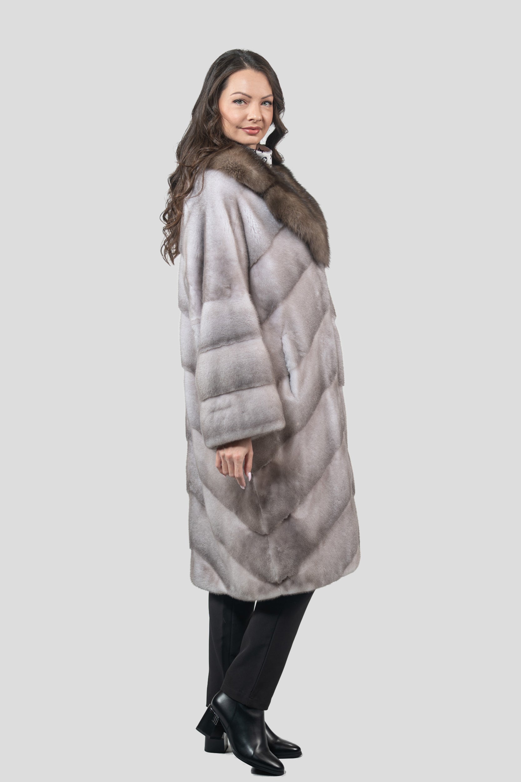 Silver Blue Mink Coat with Russian Sable Trimmed Notch Collar A/K13C848GS20