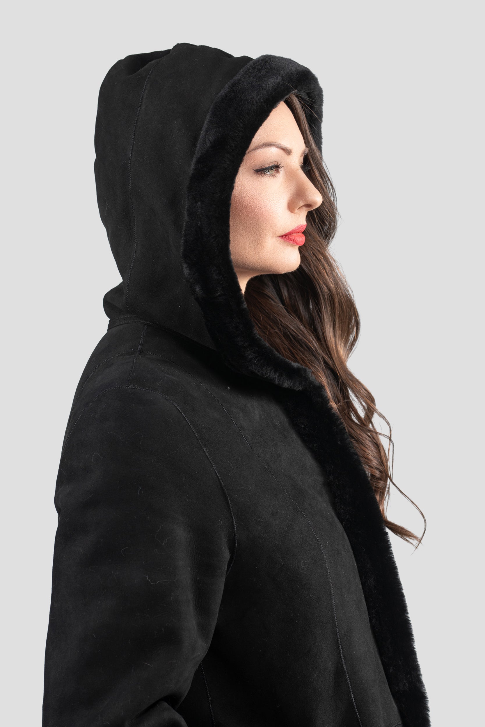 Hooded Black Half Coat In Spanish Merino 207H