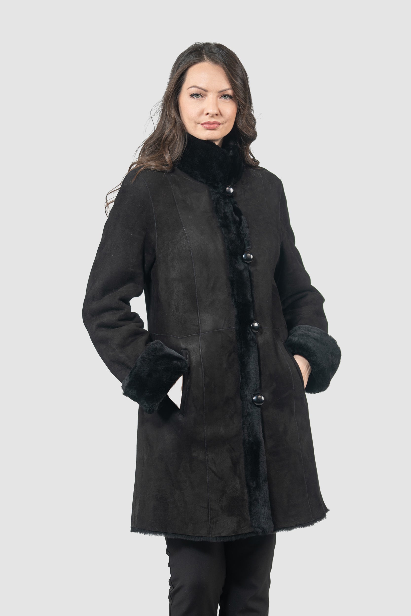 Black Half Coat In Spanish Merino with Stand Collar 207
